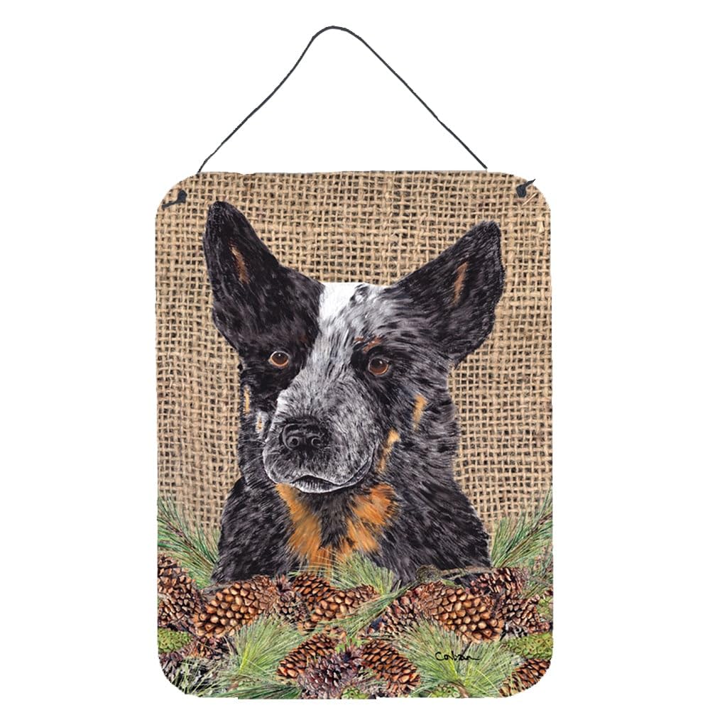 Australian Cattle Dog Metal Wall Art - Faux Burlap & Pine Cones Decor Sign for Kitchen, Bathroom, Bar or Front Door - 12x16 Aluminum Hanging Plaque - Perfect for Farmhouse, Rustic Home & Pet Lover Decor