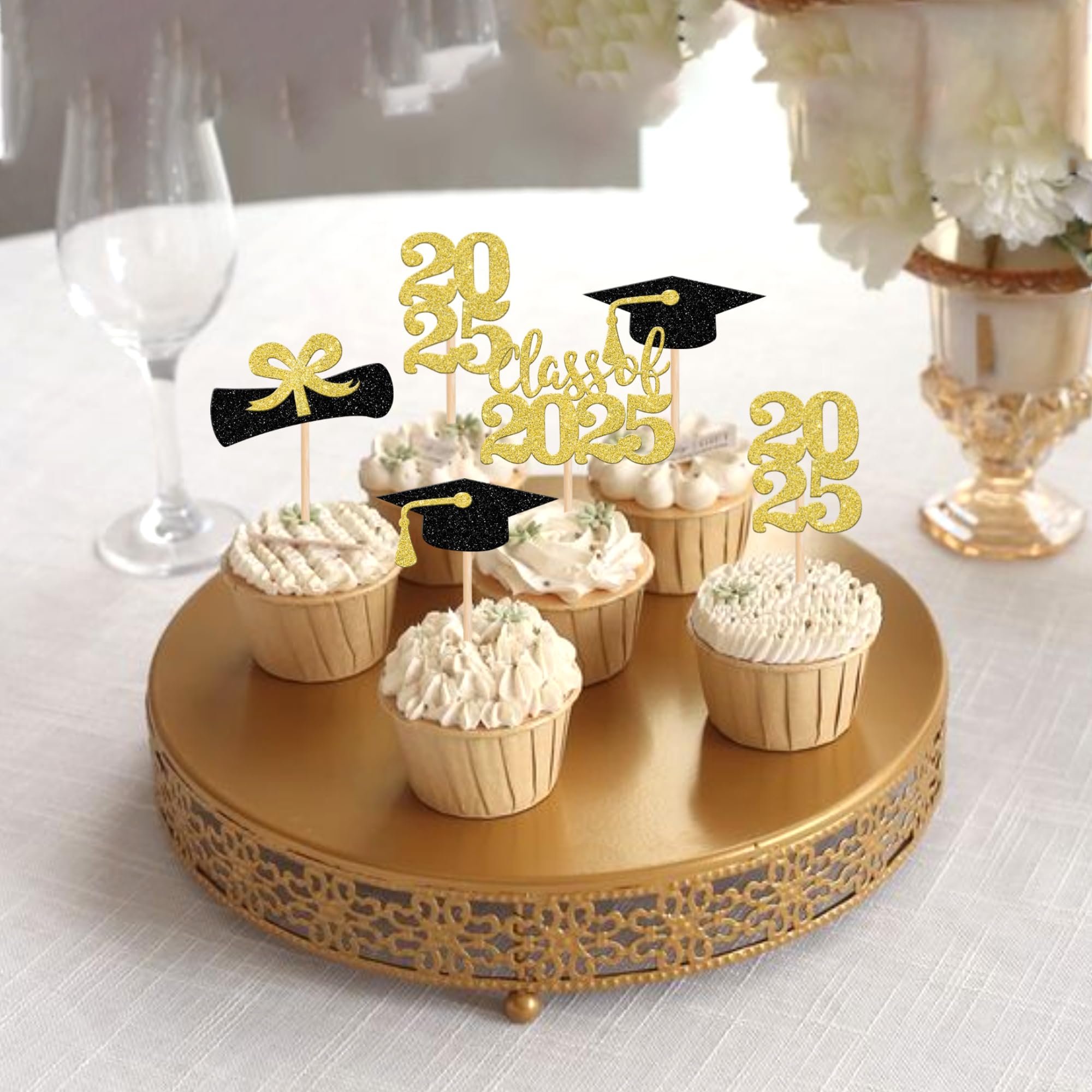 36 PCS 2025 Graduation Cupcake Toppers - Glitter Class of 2025 Graduation Cap & Diploma Cake Decorations - Gold Party Supplies for Graduation Ceremony, School Celebration & Dessert Table Decor