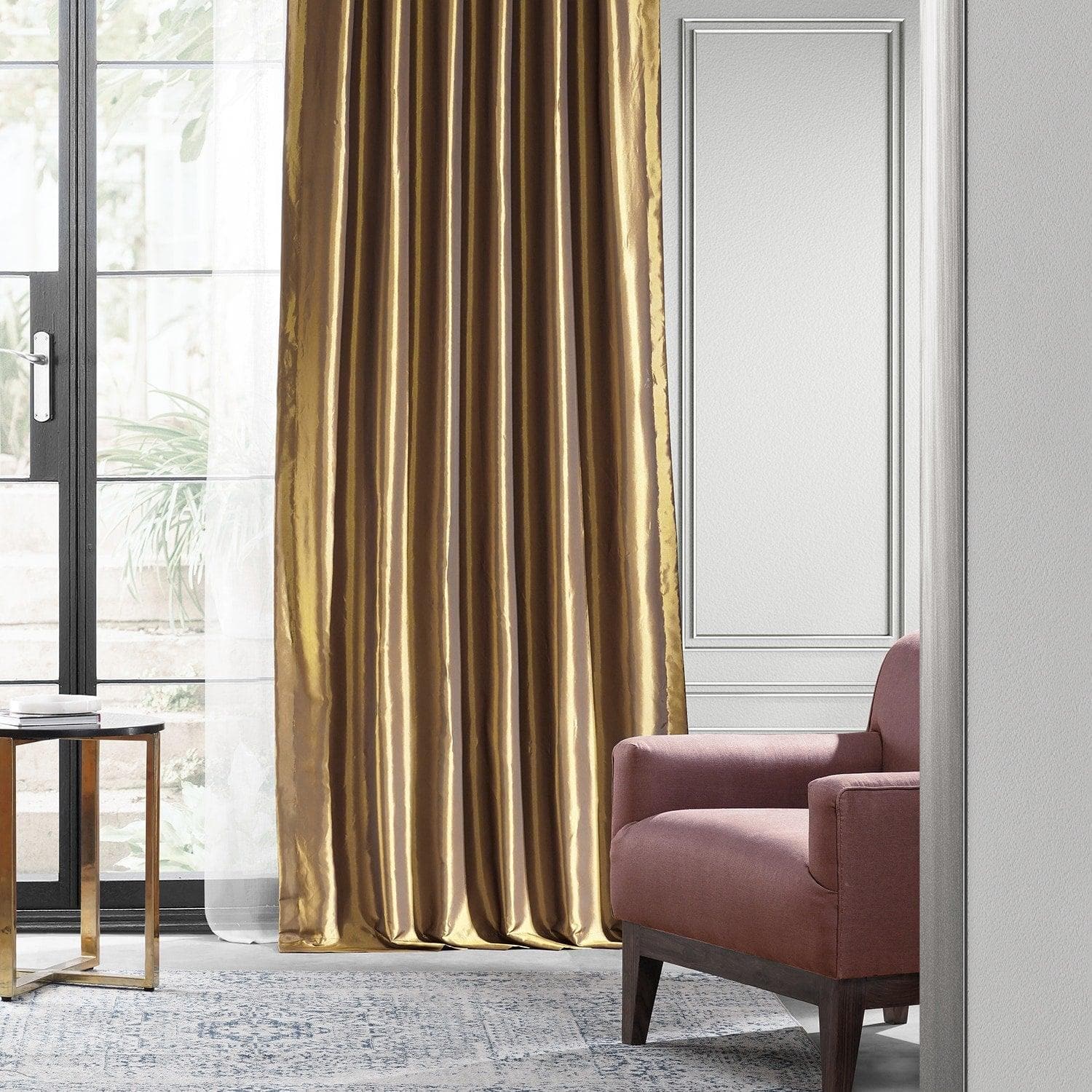 Luxury Golden Spice Faux Silk Taffeta Blackout Curtains for Bedroom - Thermal Insulated Window Drapes for Living Room & Nursery, Noise Reducing Room Darkening Panels (Set of 2)