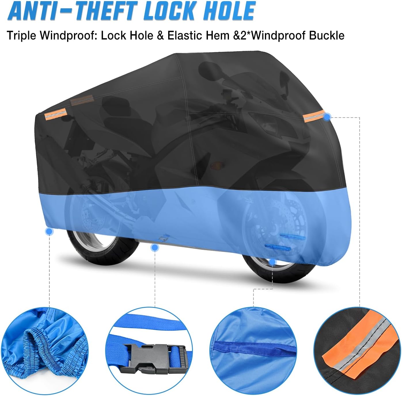 Premium Motorcycle Cover with Lock Hole, Storage Bag & Reflective Strips – Fits Up to 116 Inch Bikes – Weatherproof Protection for Outdoor & Garage Storage