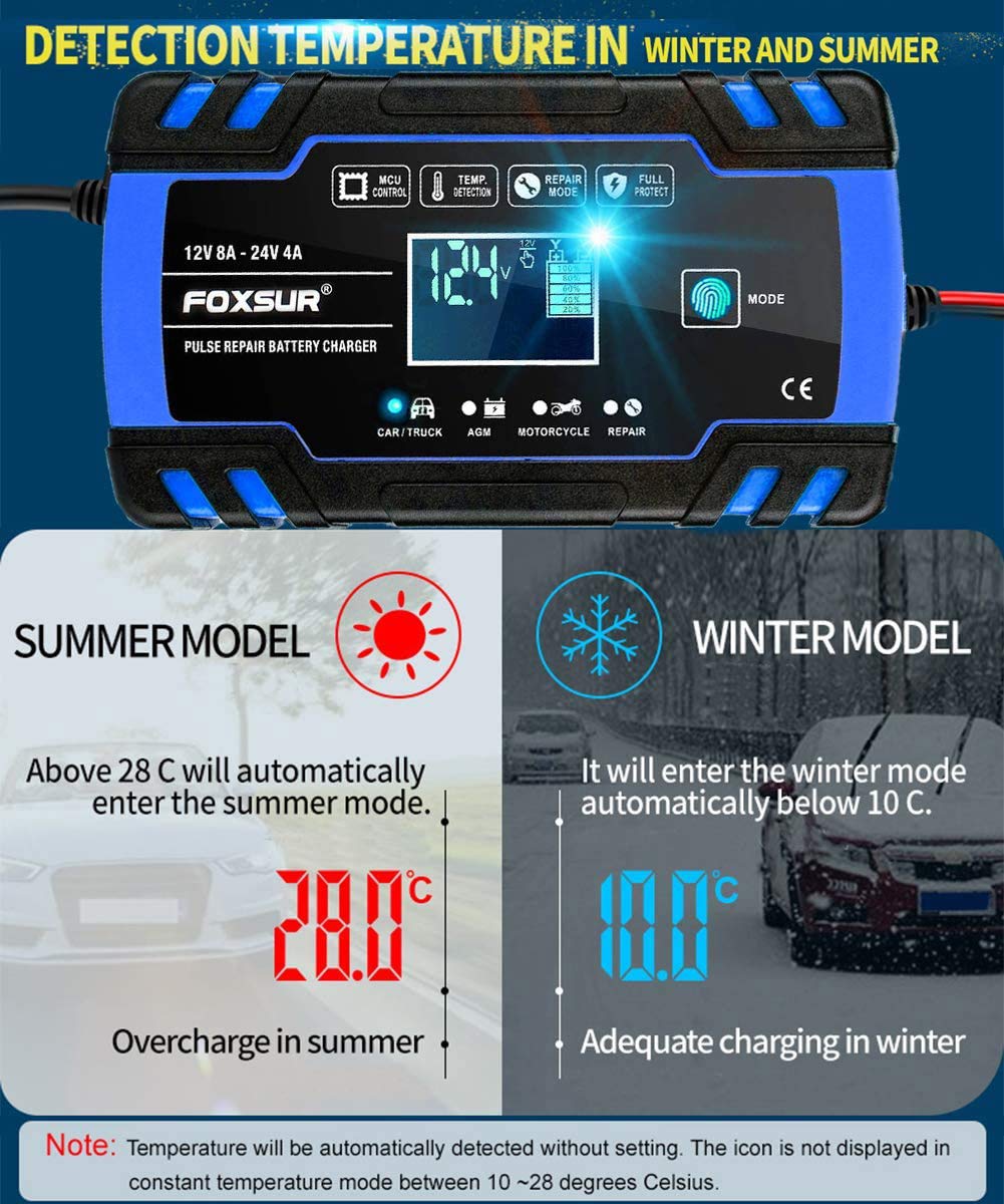 12V/24V 8A Smart Car Battery Charger with LCD - for Cars, Boats, RVs