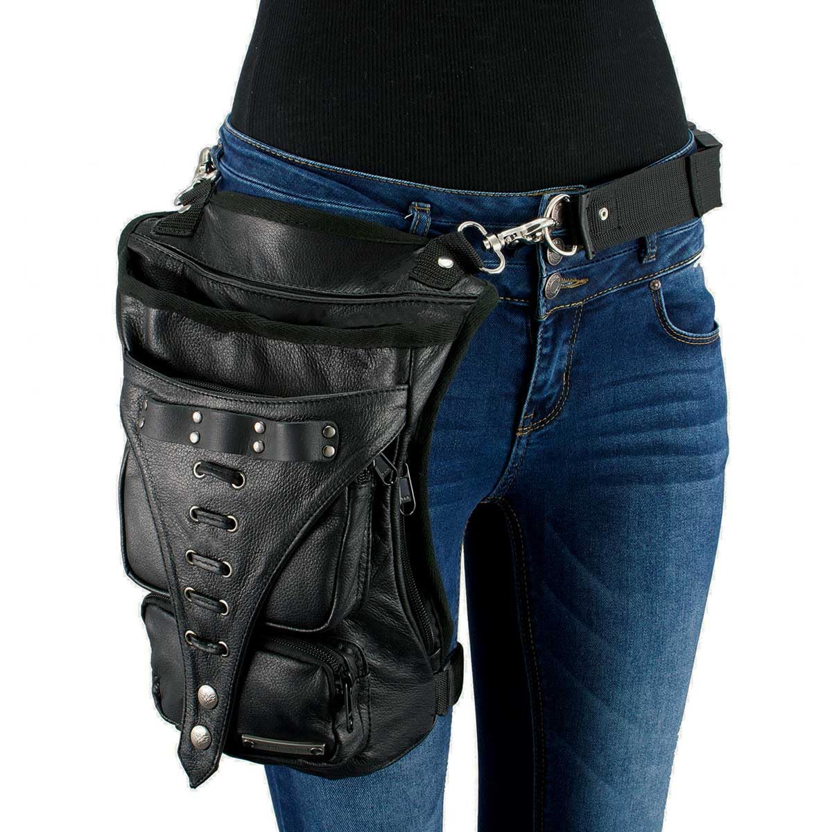 Milwaukee Leather MP8898 Black Leather Conceal Carry Thigh Holster Bag with Adjustable Waist Belt - Perfect for Outdoor Activities, Hiking, and Tactical Use