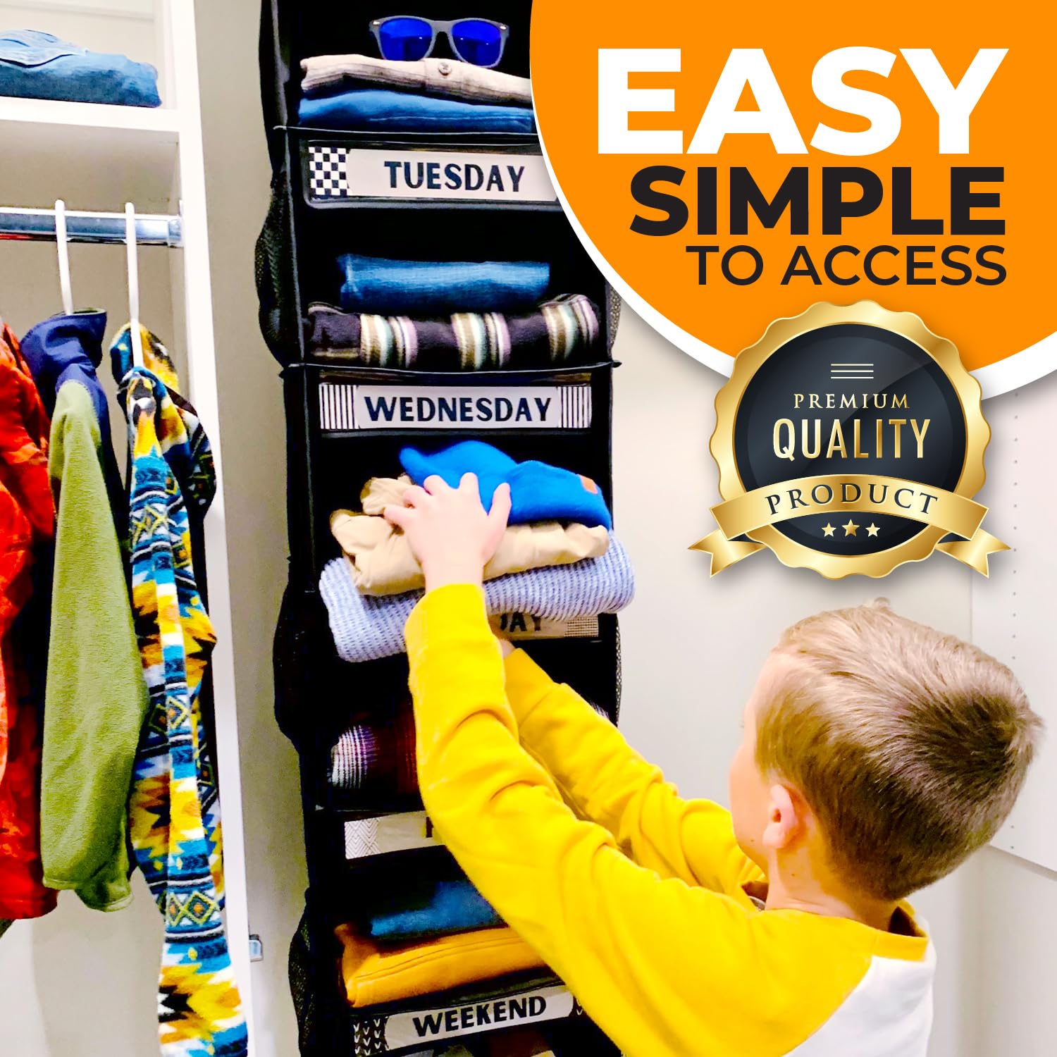 6-Shelf Hanging Closet Organizer with Side Pockets - Foldable Weekly Clothing Storage for Travel - Heavy Duty Black Wardrobe Organizer - Perfect for Bedroom, Closet & Suitcase Organization