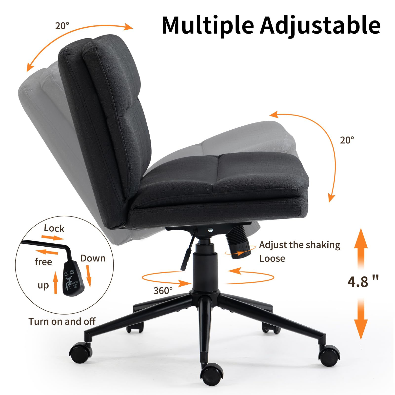 Armless Wide Office Desk Chair with Wheels - Modern Fabric Swivel Task Chair, Adjustable Ergonomic Computer Chair for Home & Office - Perfect for Workstations, Gaming, and Cross-Legged Sitting (Black)