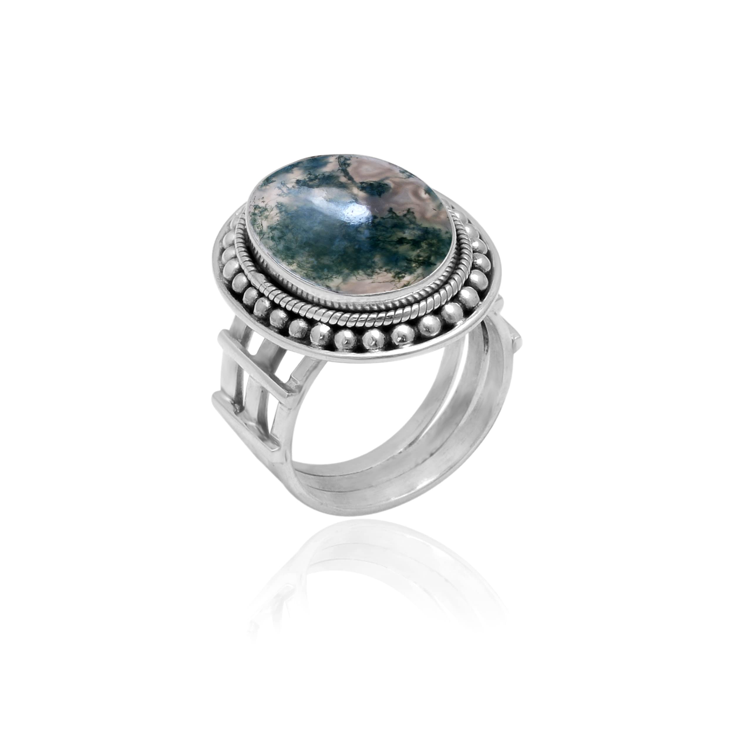 Veracity Jewelry Moss Agate Rings for Women - 925 Sterling Silver Healing Meditation Rings with Natural Green Gray Moss Agate Gemstone | Spiritual Jewelry, Yoga Accessories, Gift for Her (VSR-37)