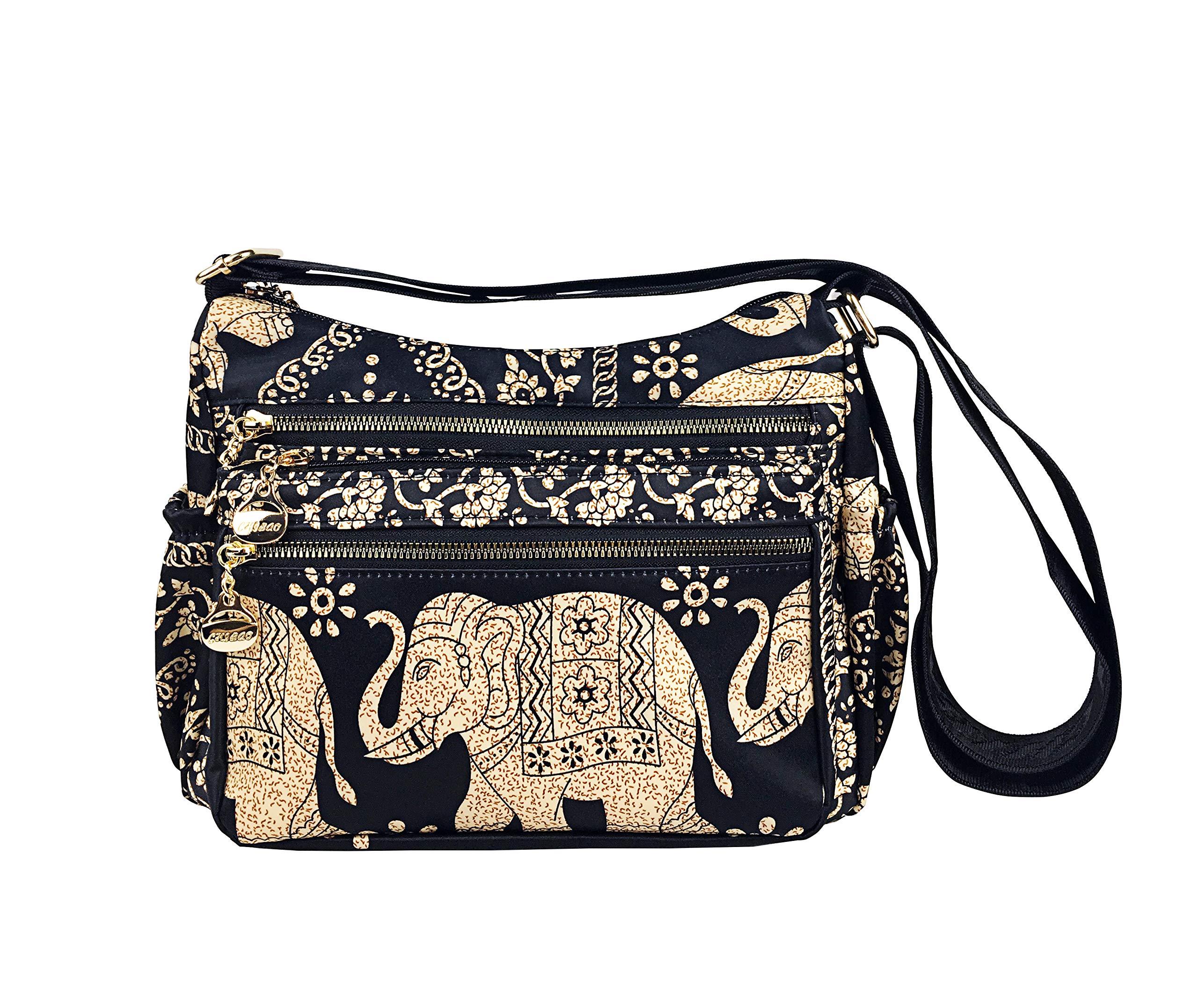 Women's Crossbody Bag with Multiple Pockets - Boho Elephant Print Nylon Shoulder Purse for Everyday Use, Travel & Casual Outings