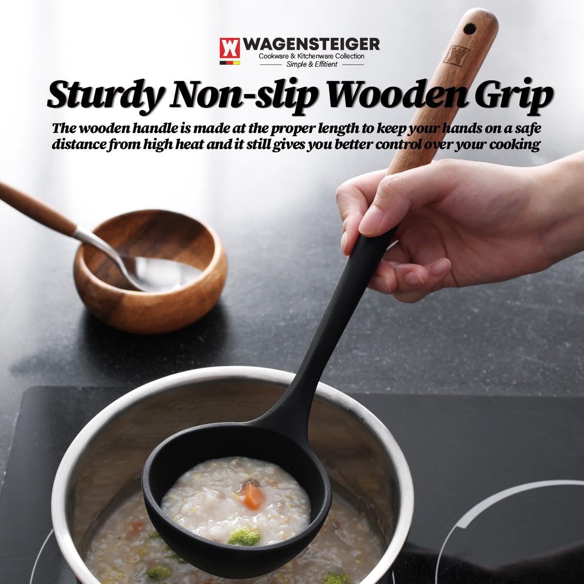 **Heat-Resistant Silicone Cooking Ladle with Long Wooden Handle - Gentle Head Design Protects Cookware - Perfect for Portioning Batter, Soup & Stir-Fry - Ideal for Chefs & Home Kitchens**    *(Use Scenes: Great for cooking soups, sauces, batters, and stir-fries in woks, pots, and pans. Safe for non-stick cookware and perfect for professional chefs or home cooks.)*