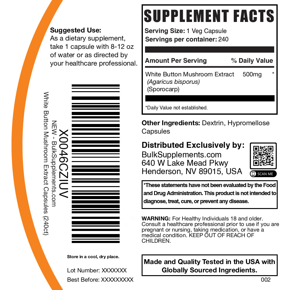 Premium White Button Mushroom Extract Capsules - 100% Organic & Vegan - Supports Immune System & Gut Health - Perfect for Daily Wellness & Immune Boosting Routine