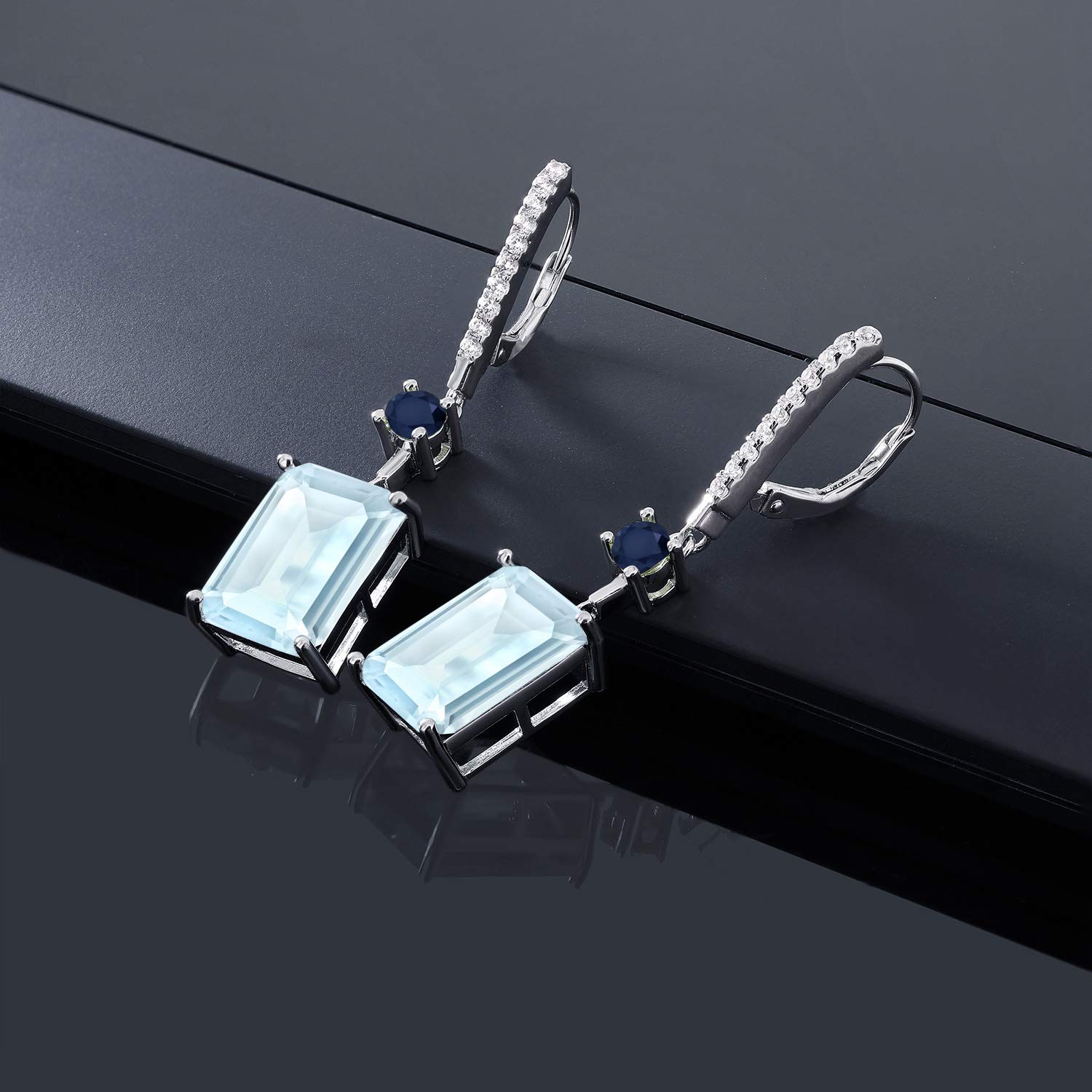 17.60 Ct Sky Blue Topaz & Blue Sapphire Emerald Cut Dangle Earrings in 925 Sterling Silver | Gem Stone King | Elegant Jewelry for Weddings, Parties & Special Occasions