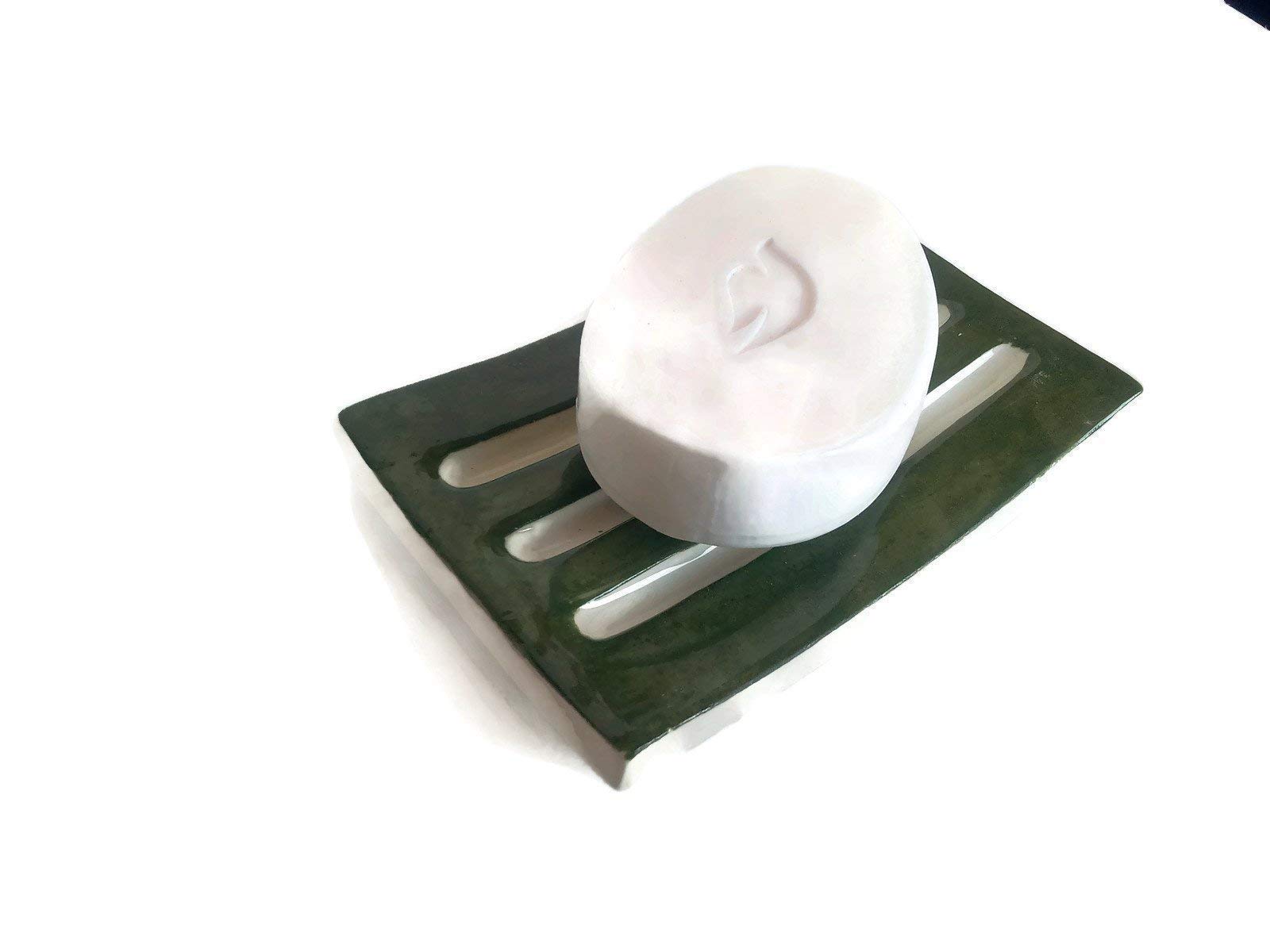 Olive Green Handmade Ceramic Soap Dish for Bar Soap - Rectangle Sponge Holder | Bathroom & Kitchen Organizer, Spa & Shower Accessory