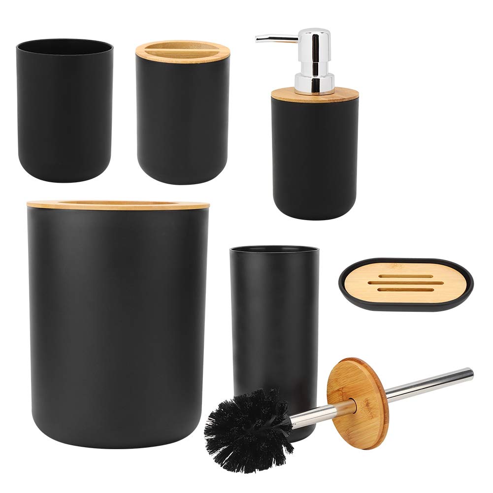 6Pcs Bathroom Accessories Set - Toilet Tool Holder, PP Plastic & Bamboo Trash Can, Lotion Bottle, Soap Tray, Toothbrush & Toilet Brush with Holder Cup (Black) - Perfect for Modern Bathroom Organization & Home Decor