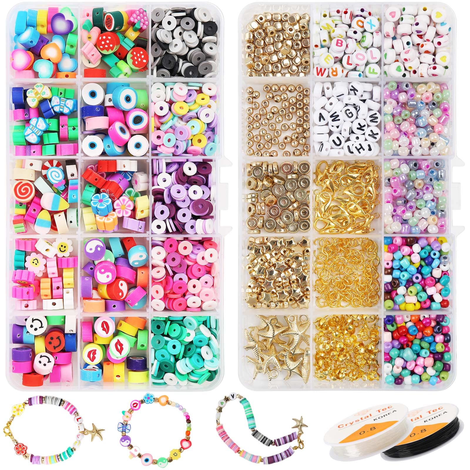 2600PCs Polymer Clay Beads Set for DIY Jewelry Making - Flat Round Heishi Beads, Glass Seed Beads, Smiley Face & Letter Beads with Pendant Charms & Elastic String - Perfect for Bracelets, Necklaces, Earrings & Craft Projects - Great for Gifts, Party Favors & Creative Arts