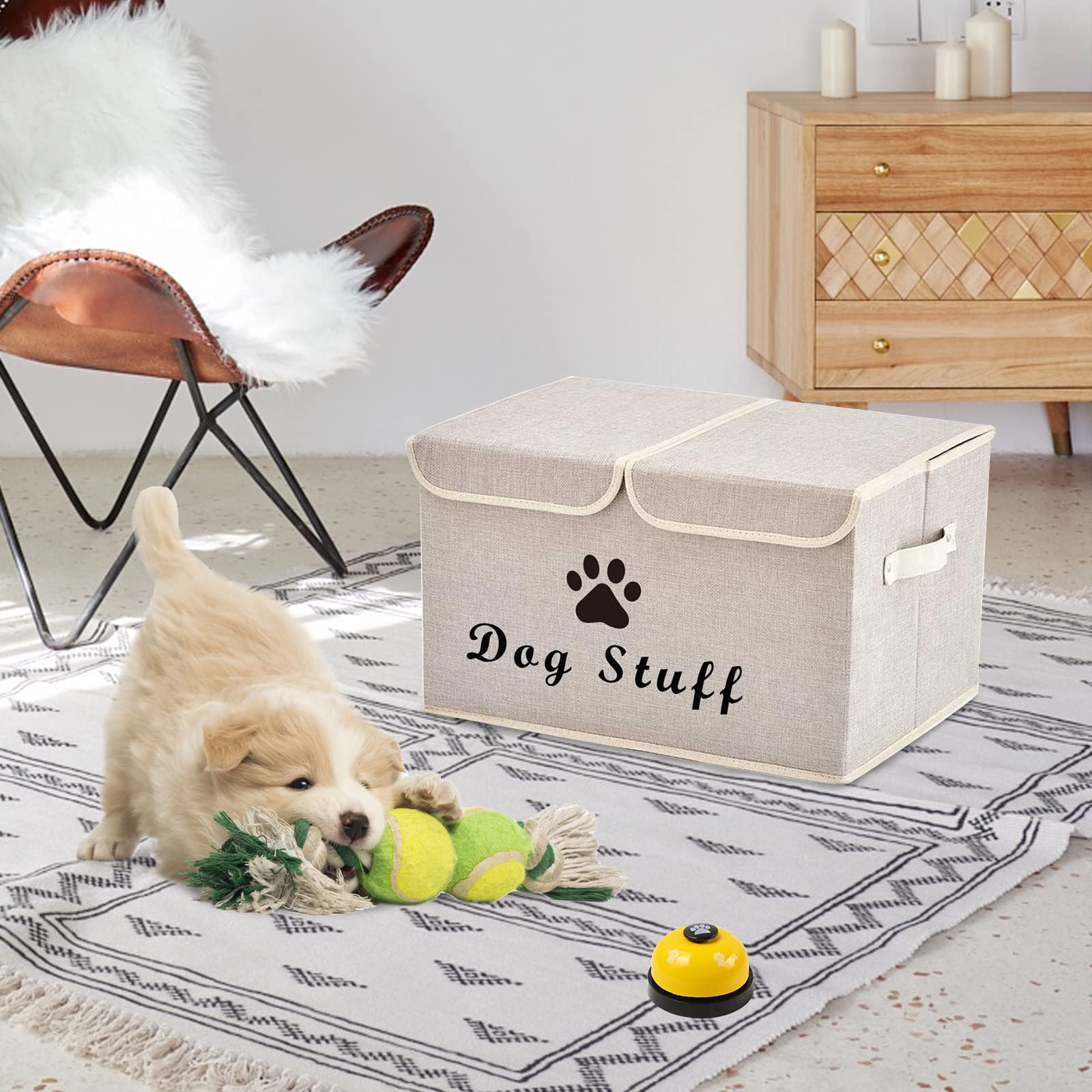 Durable Dog Toy Storage Box with Lid - Pet Organizer Basket for Living Room, Playroom & Closet - Beige Home Organization Solution | Perfect for Storing Chew Toys, Plush Toys & Pet Accessories