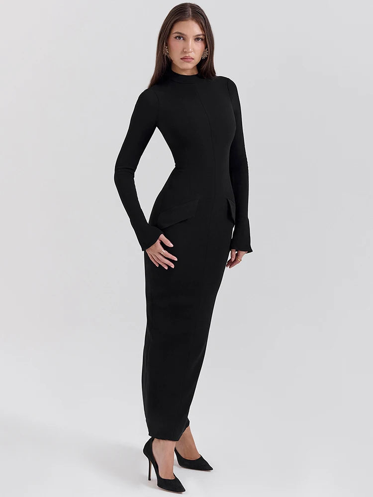Elegant Black Long Sleeve Bodycon Maxi Dress for Women - O Neck with Two Pockets & Back Split - Perfect for Fall Winter Fashion, Date Nights, and Evening Parties