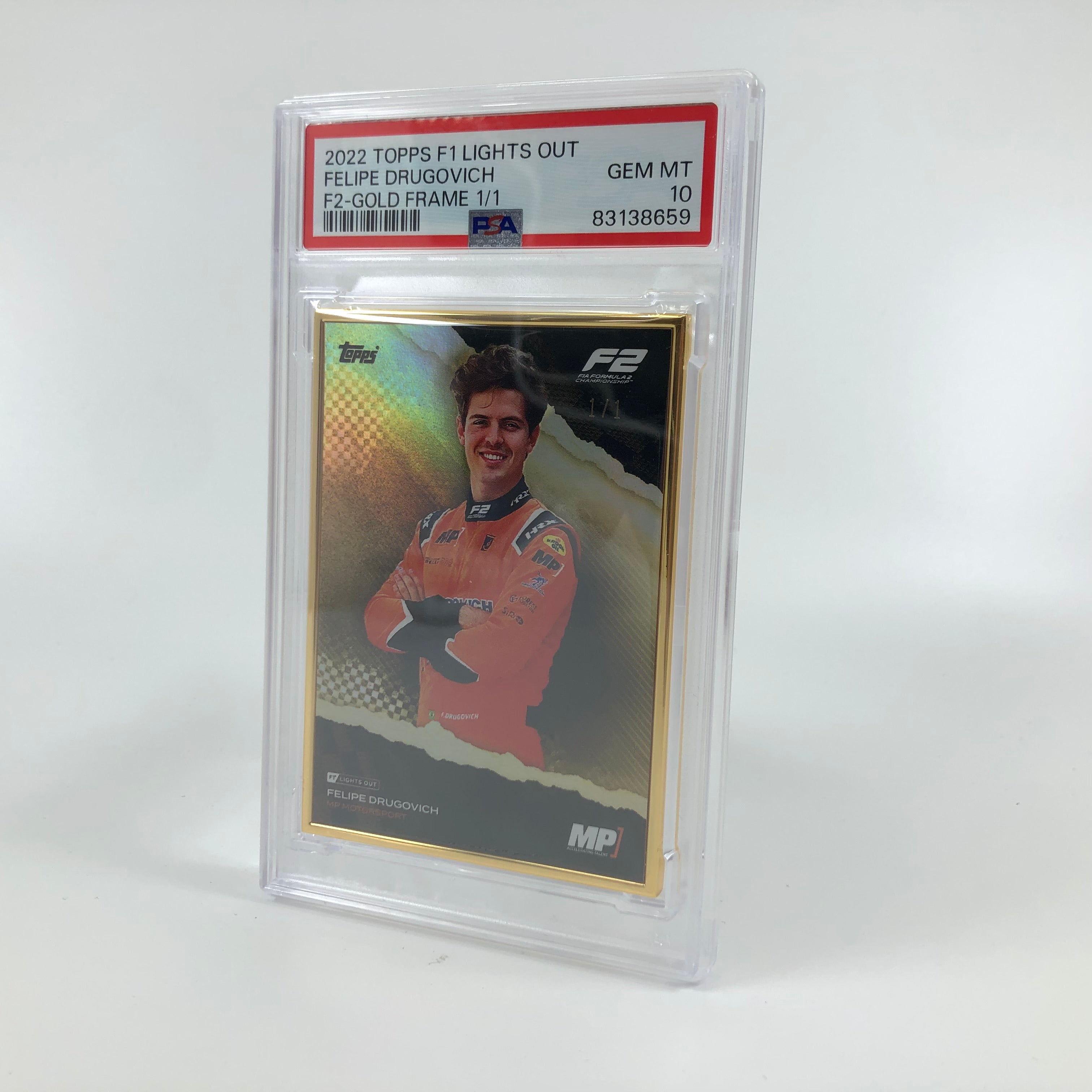 Felipe Drugovich 2022 Lights Out F2 Driver 1/1 Gold Frame PSA 10 - Perfect for Motorsport Collectors & Racing Memorabilia Displays