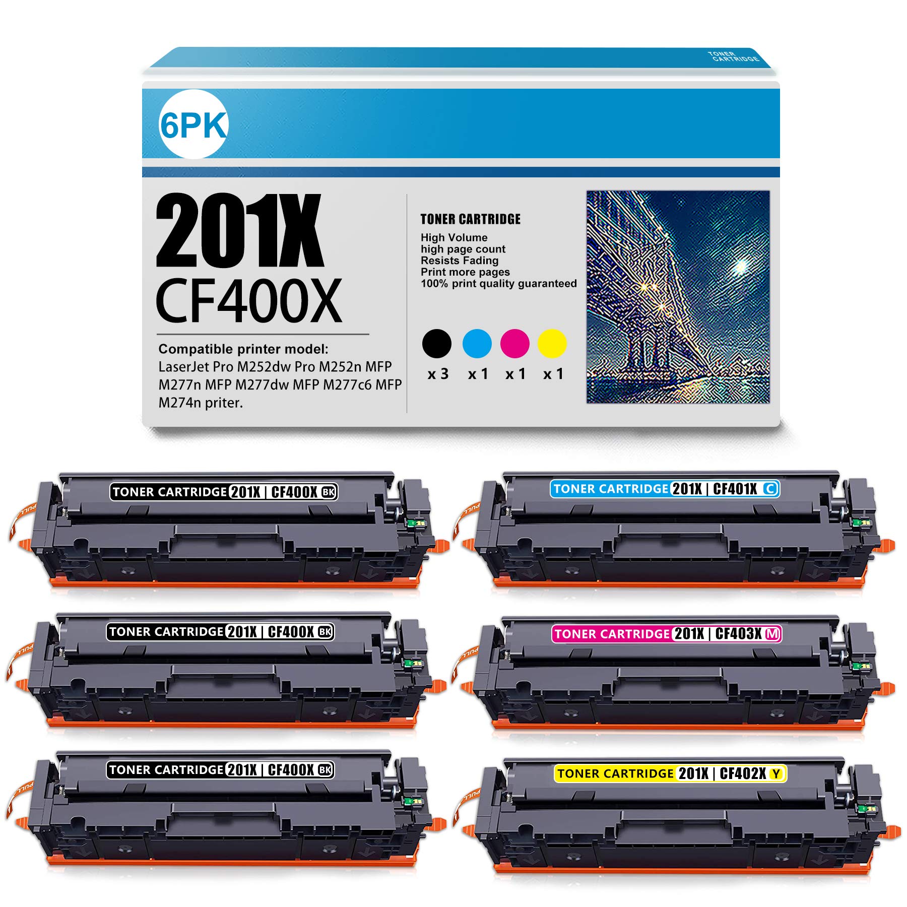 6-Pack High-Yield Compatible Toner Cartridge Replacement for HP Color Pro M252dw M252n MFP M277n M277dw M274n Printers (3BK + 1C + 1M + 1Y) - Perfect for Office & Home Printing Needs