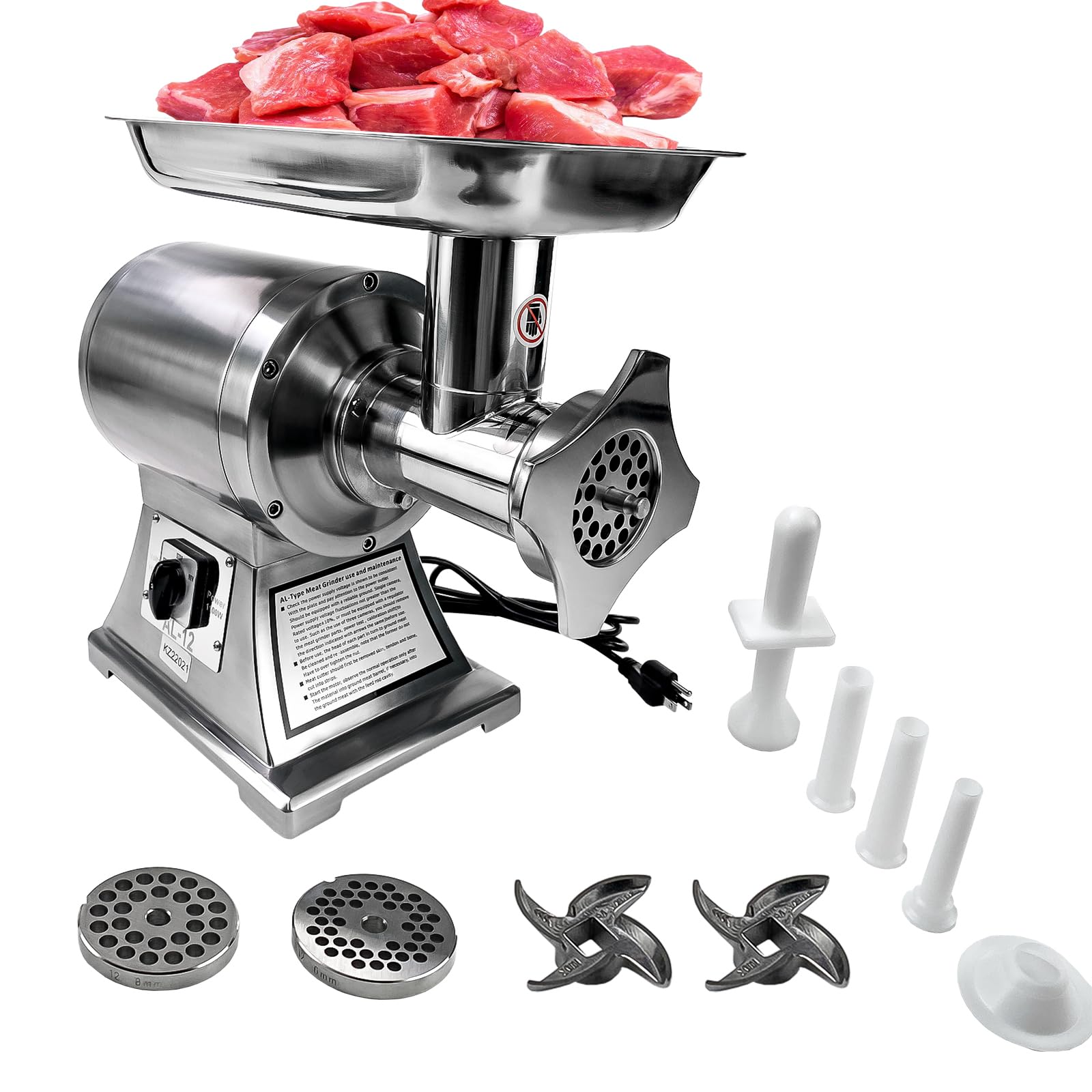 Commercial Meat Grinder 550Lb/H - 1100W Heavy Duty Stainless Steel Electric Food Grinder & Mincer - Industrial Sausage Stuffer Maker with 2 Blades, 3 Grinding Plates & Sausage Tubes - Perfect for Butcher Shops, Restaurants & Home Kitchens