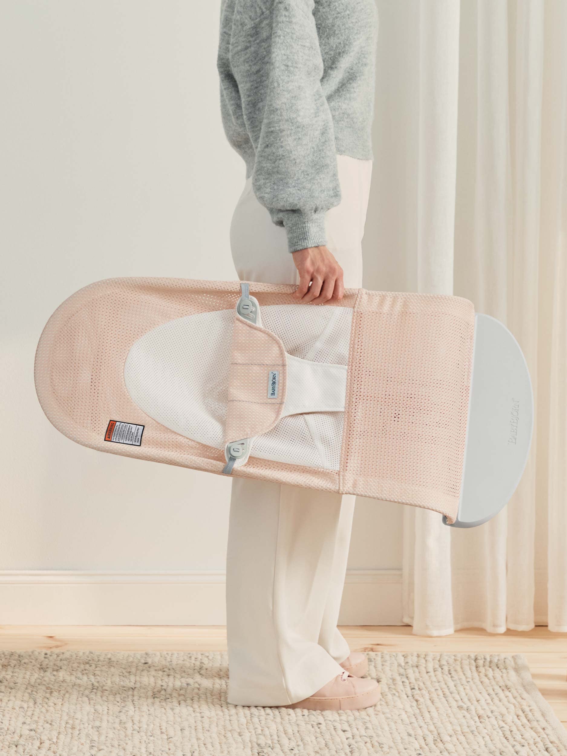 BabyBjörn Bouncer Balance Soft - Adjustable 2-in-1 Baby Bouncer & Toddler Chair (8-29 lbs) with Light Grey Frame & Mesh Fabric in Pearly Pink/White | 4 Reclining Positions, Lightweight & Portable | Perfect for Nursery, Living Room & Travel