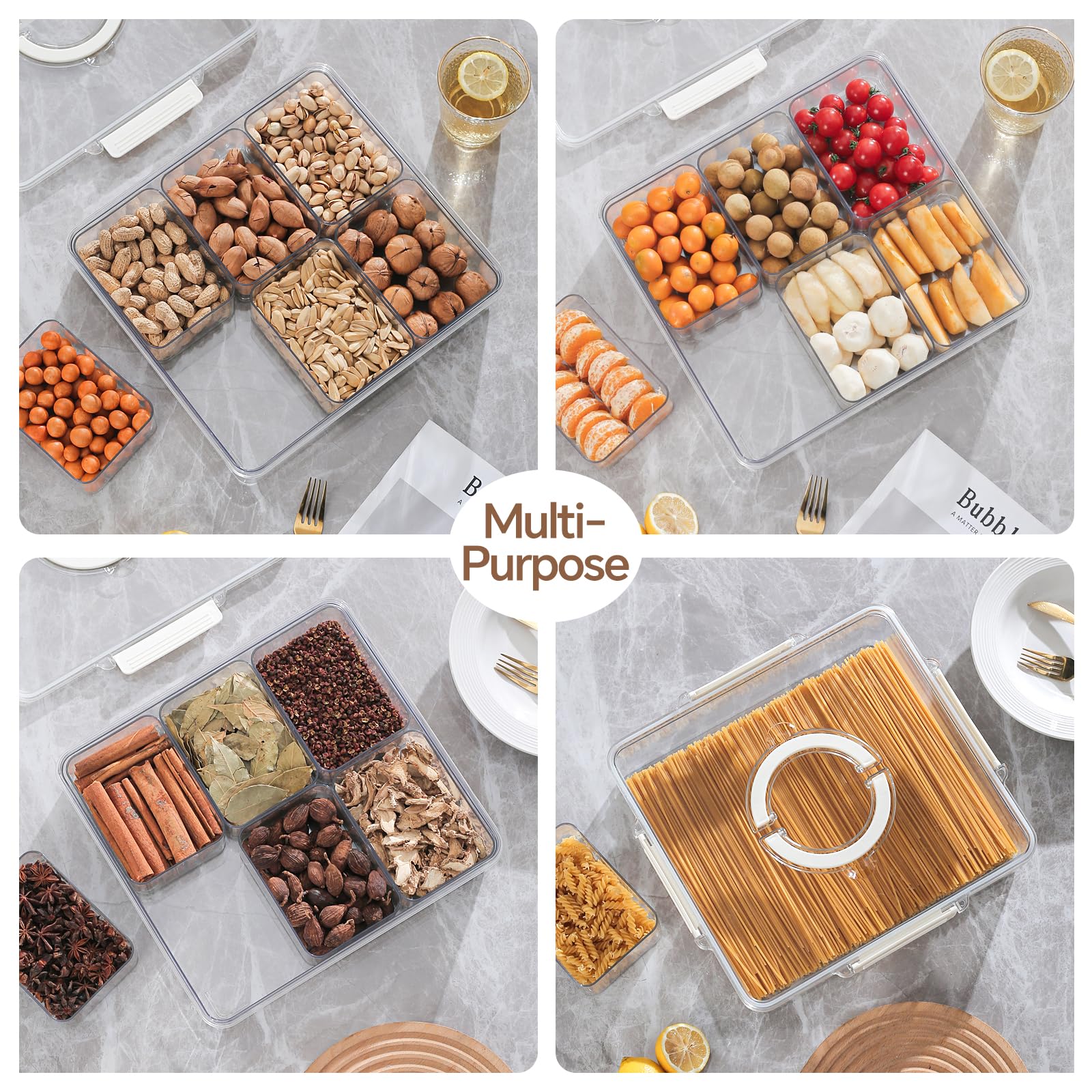 2-Piece Divided Snack Trays with Lids & Handles - Portable Food Storage Containers for Candies, Fruits, Nuts - Perfect for Parties, Picnics, School Lunches & Office Snacks