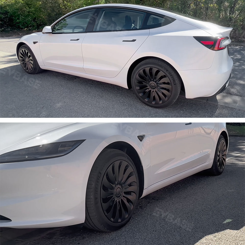 Tesla Model 3/Y Überturbine Style Wheel Covers - 18/19 Inch Alloy Wheel Protectors (Matte Black, 4-Piece Set) 2017+ | Perfect for Road Trips & Daily Commuting
