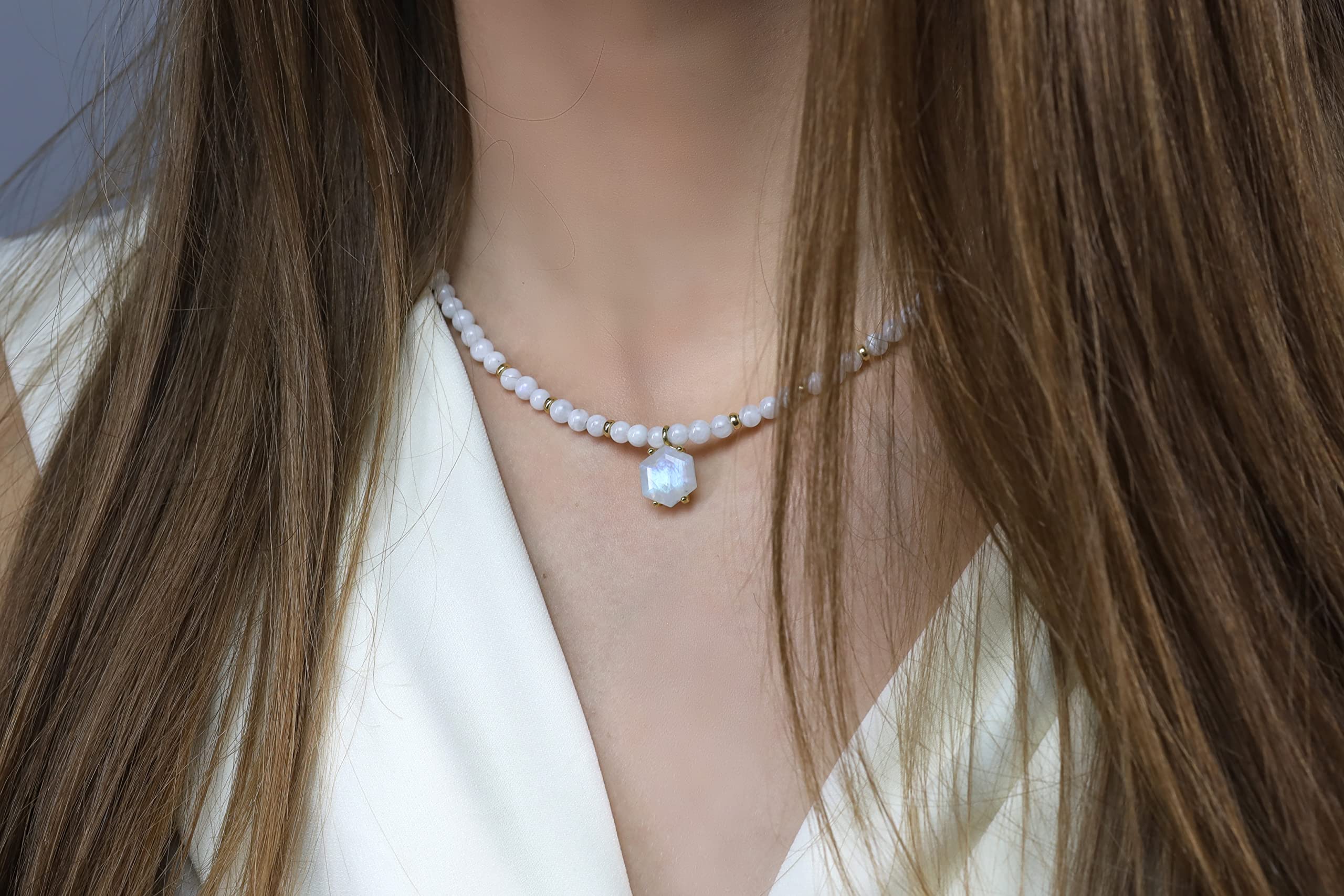 Rainbow Moonstone Hexagon Pendant Beaded Necklace - June Birthstone Jewelry for Women - Handmade Gemstone Necklace for Everyday Wear, Gift Giving & Spiritual Healing