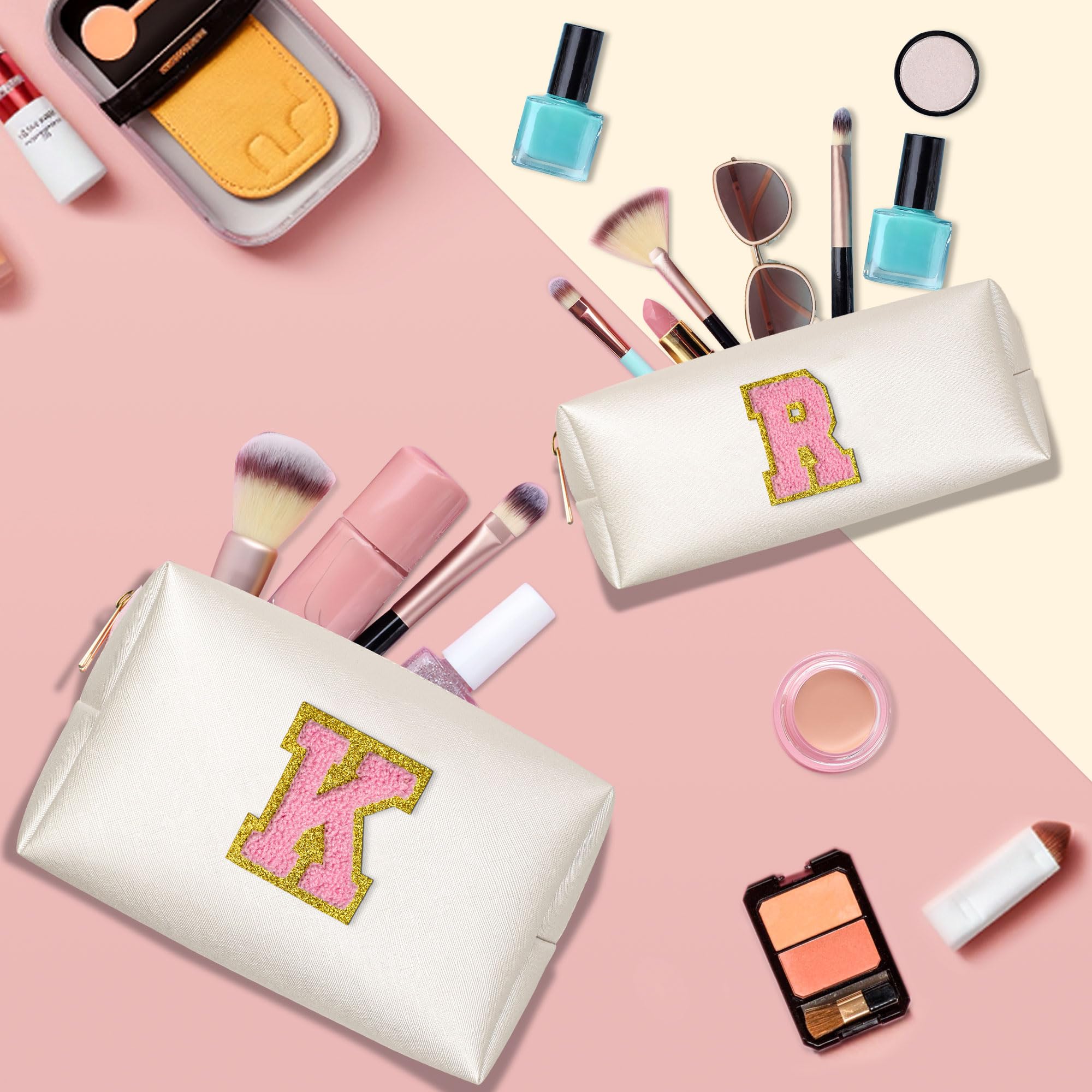 TOPEAST Personalized Travel Makeup Bag with Initials - PU Leather Waterproof Cosmetic Organizer Toiletry Bag with Chenille Letters - Perfect Gift for Women - Ideal for Travel, Gym & Daily Use (White A)
