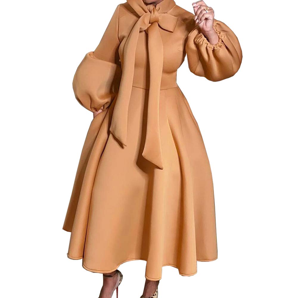 Elegant A-Line Long Dress for Women with Bowtie Neck & Lantern Sleeves - High Waist Flowy Maxi Dress for Weddings, Parties & Special Occasions