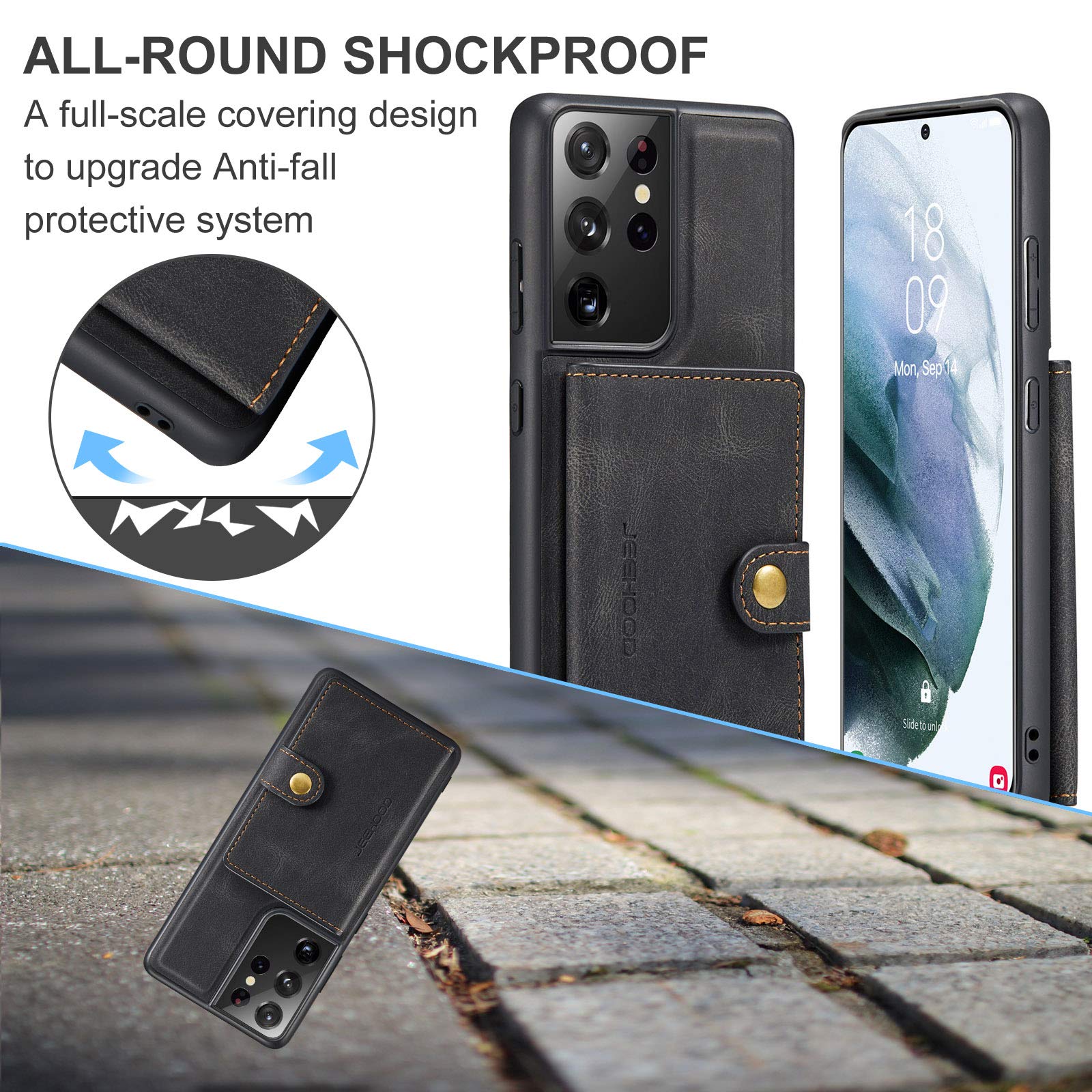 Magnetic Wallet Case for Samsung S21 Ultra - Detachable Leather Credit Card Holder with Money Clip | Front Pocket Stand | Shockproof & Wireless Charging Compatible | for Men & Women (Black) | Perfect for Everyday Use, Travel & Business Meetings