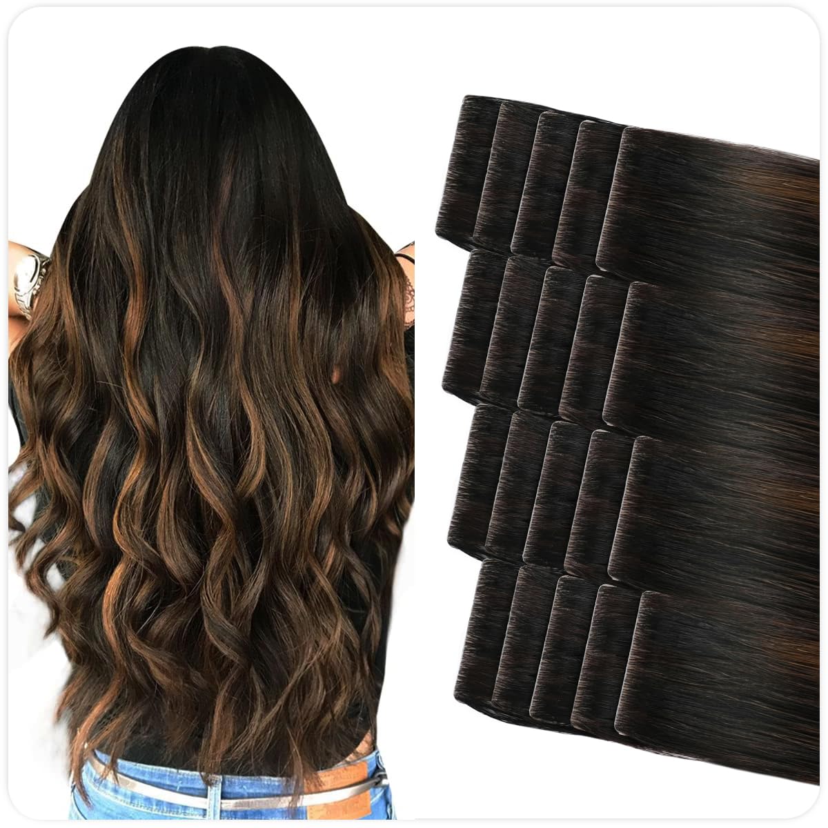 SUYYA Invisible Tape-In Hair Extensions - 20PCS 50G/Pack Virgin Human Hair, Seamless Hand-Tied, Balayage Natural Black to Chestnut Brown, Straight 18 Inch (#P1B/6/T1B) - Perfect for Daily Wear, Special Occasions & Volume Boosting