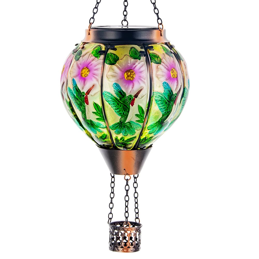 DREAMSOUL Hummingbird Hot Air Balloon Solar Lantern - Outdoor Hanging Solar Light with Realistic Flickering Flame Effect, Waterproof Metal & Glass Design for Patio, Garden, Yard Decor - Perfect for Christmas Gifts, Weddings & Outdoor Parties