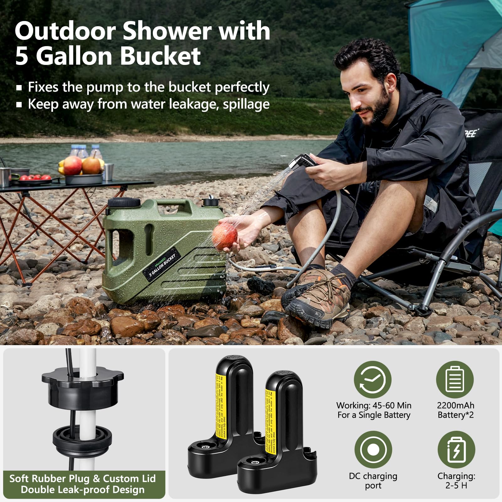 5-Gallon Portable Camping Shower with Food Grade Bucket - Rechargeable Electric Outdoor Shower Pump for Pet Bath, Car Cleaning & Fruit Washing | Perfect for RV Trips, Beach Days & Emergency Preparedness