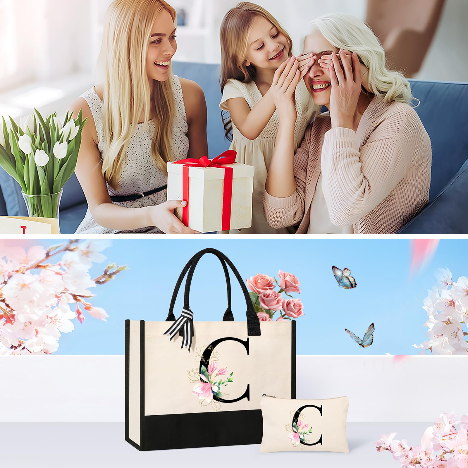 AYGE Personalized Monogrammed Canvas Beach Tote - Stylish Makeup Bag, Perfect Birthday Gift for Women, Sister, Mom, Teacher & Bridesmaid - Ideal for Beach Days, Shopping & Travel