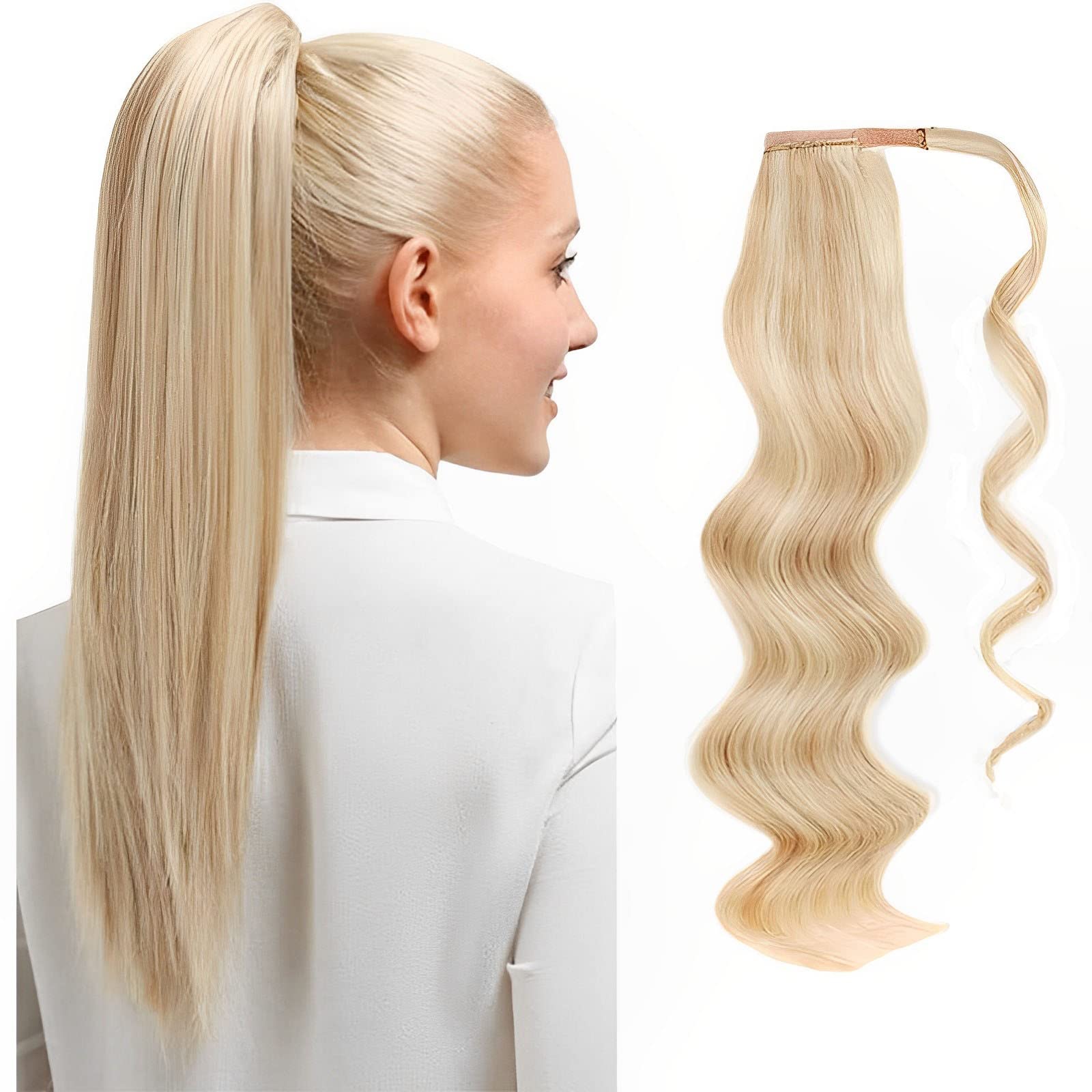 ABH AMAZINGBEAUTY HAIR Women's Ponytail Extension - 20 Inch Remy Human Hair with Dirty Blonde & Platinum Blonde Highlights (P12-60) - Easy Wrap Design - 100g - Perfect for Parties, Weddings & Everyday Styling