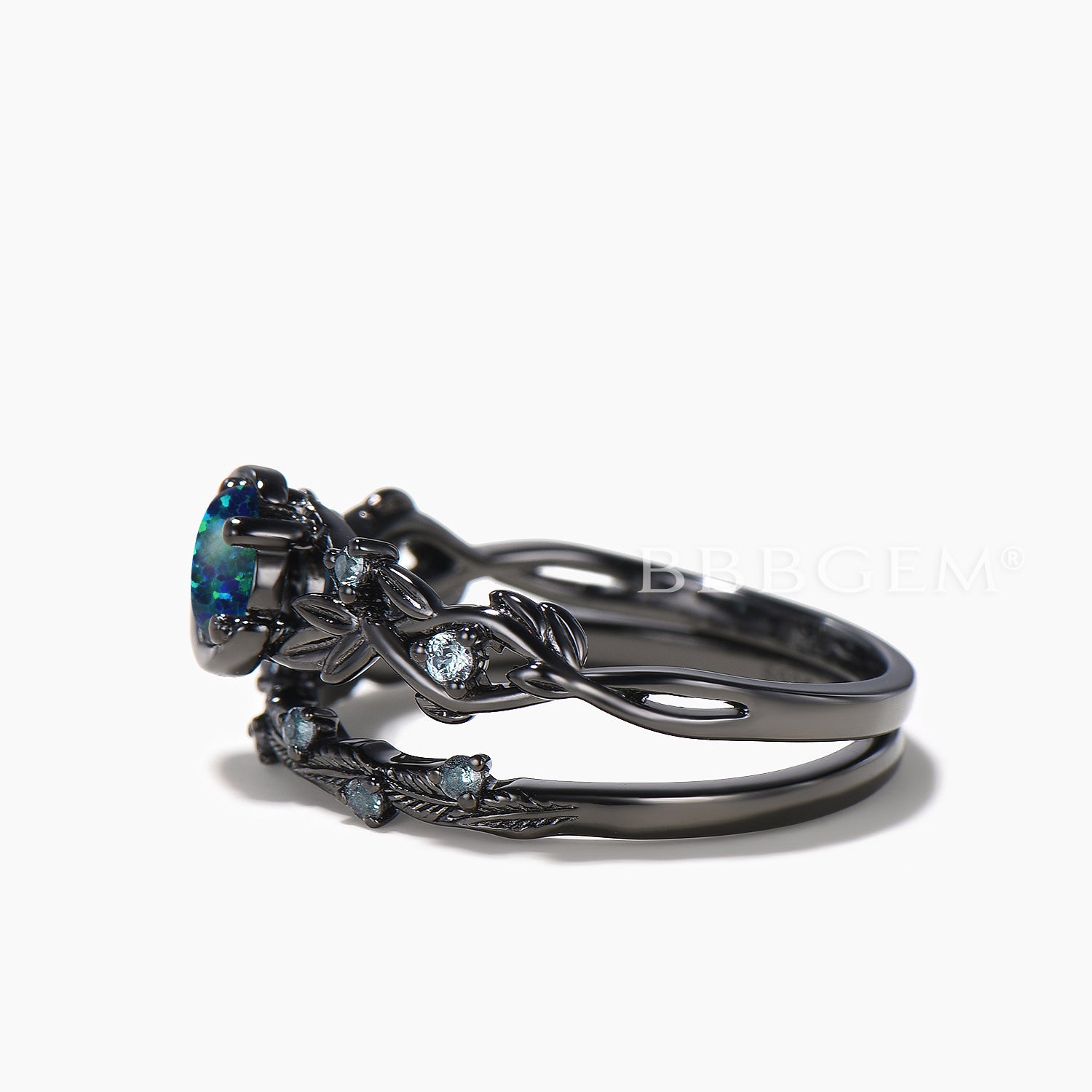 Black Opal & Alexandrite Moon Wedding Ring Set - 14K Black Gold Twisted Band for Women - Perfect for Engagement, Anniversary & Romantic Occasions