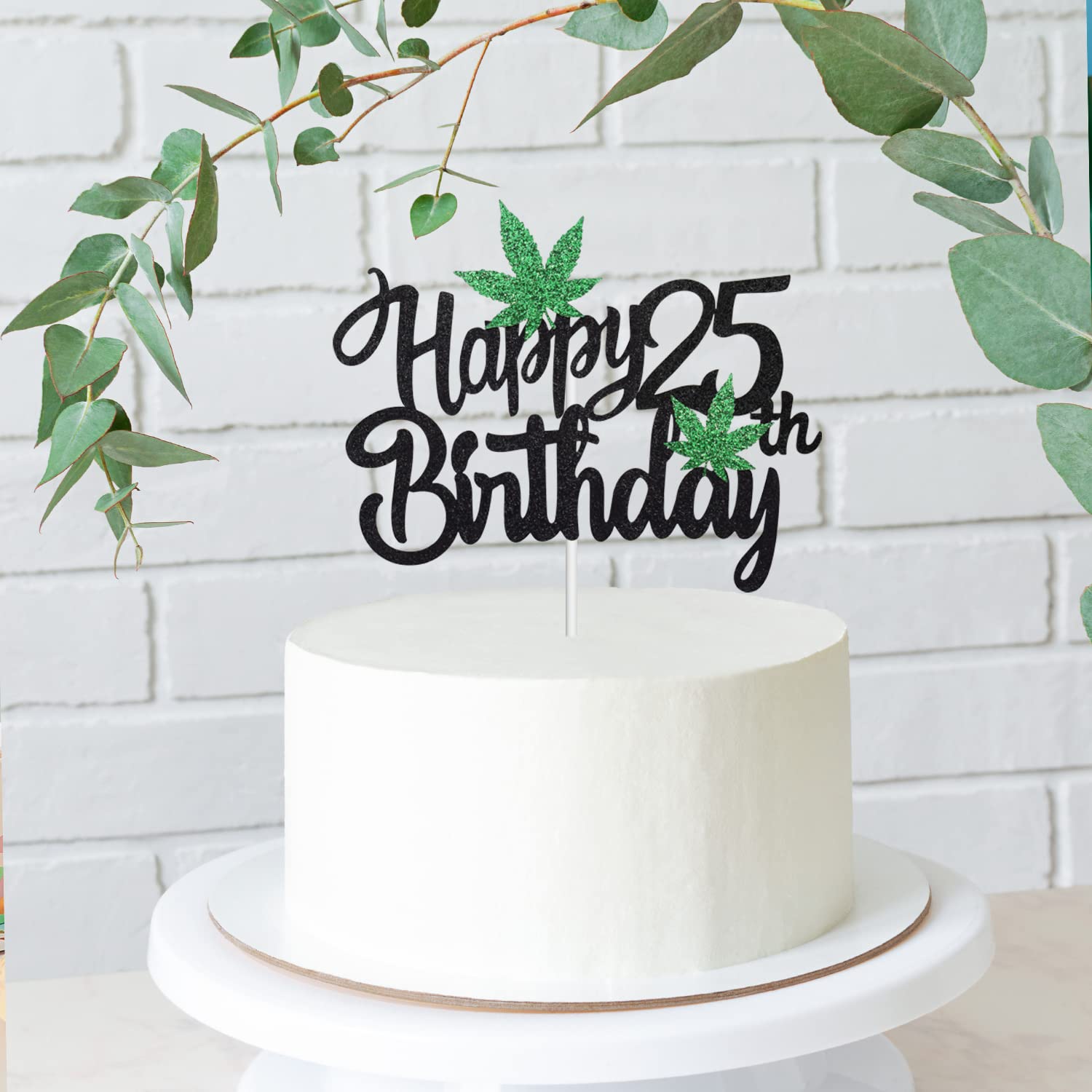 25th Birthday Cake Topper with Pot Leaf Design - Glitter Weed Leaf Marijuana Cake Decor for 420 Party - Perfect for Stoner Birthday Celebrations & Cannabis-Themed Events
