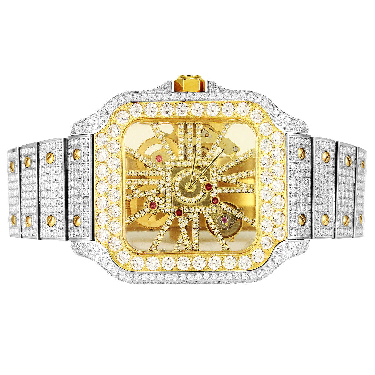 Luxury Men's Stainless Steel Automatic Watch - Iced Out Skeleton Dial with AAA CZ Diamonds, Two-Tone Hip Hop Style for Formal Events & Nightlife