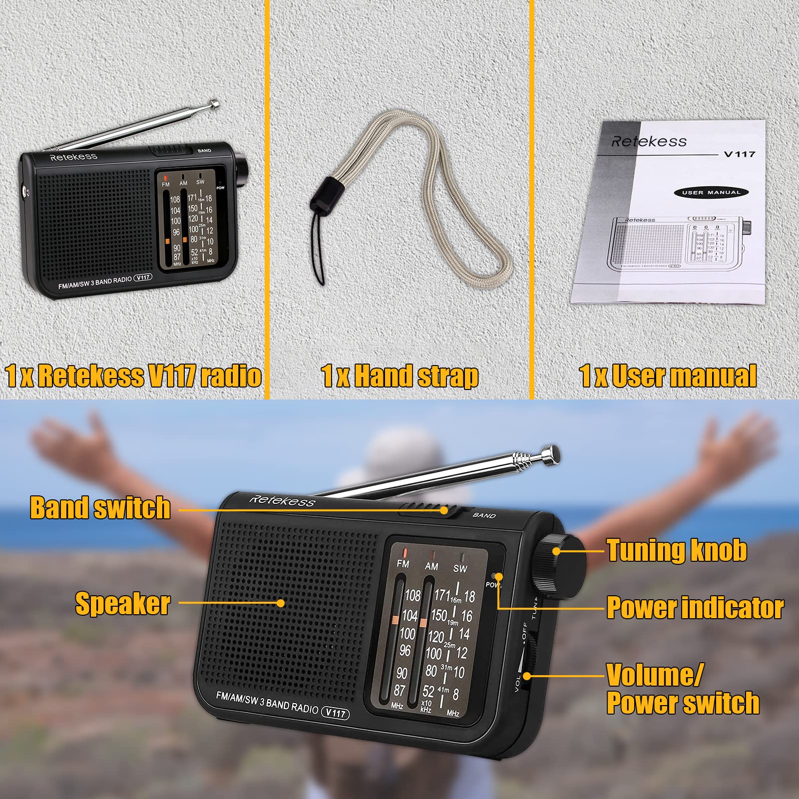 Retekess V117 Portable AM FM Shortwave Radio with Clear Dial & Best Reception - Transistor Radio for Seniors, Outdoor, Emergency, Travel (Black)