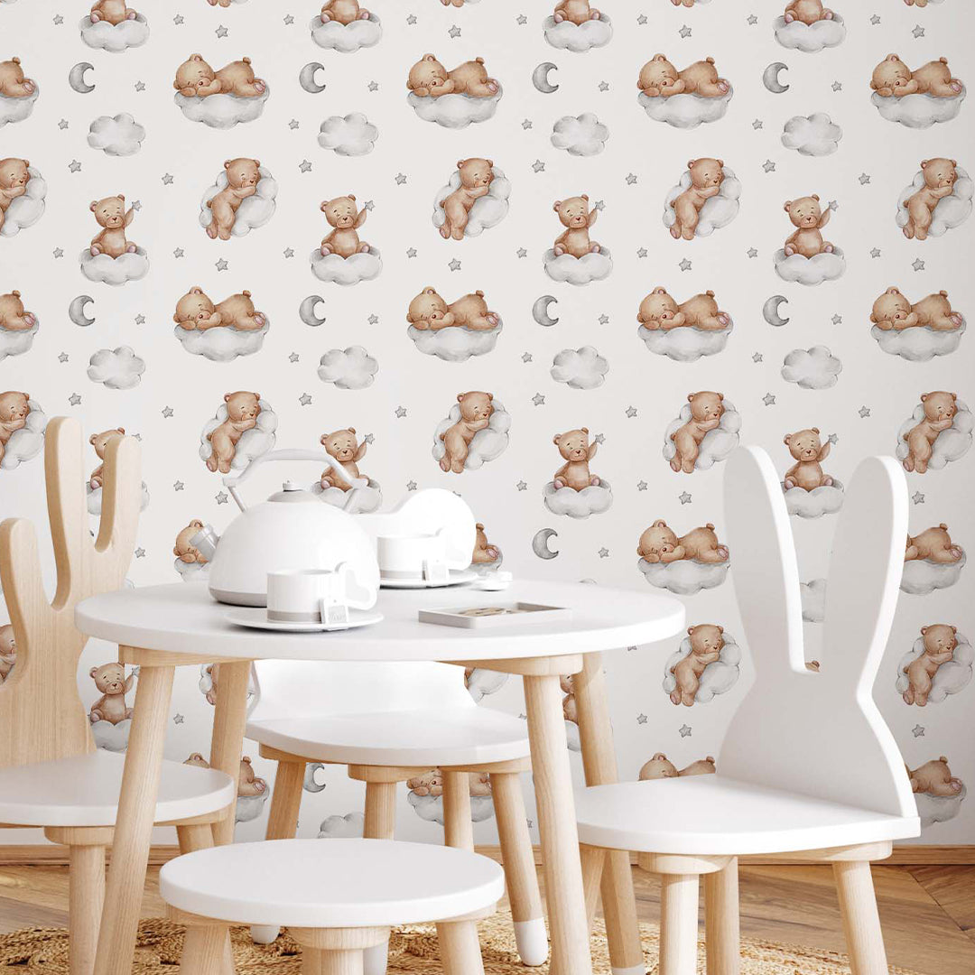 Gray Clouds and Bears Wallpaper A033 - Nature-Themed Peel and Stick Wallpaper for Nursery, Kids Room, and Home Decor
