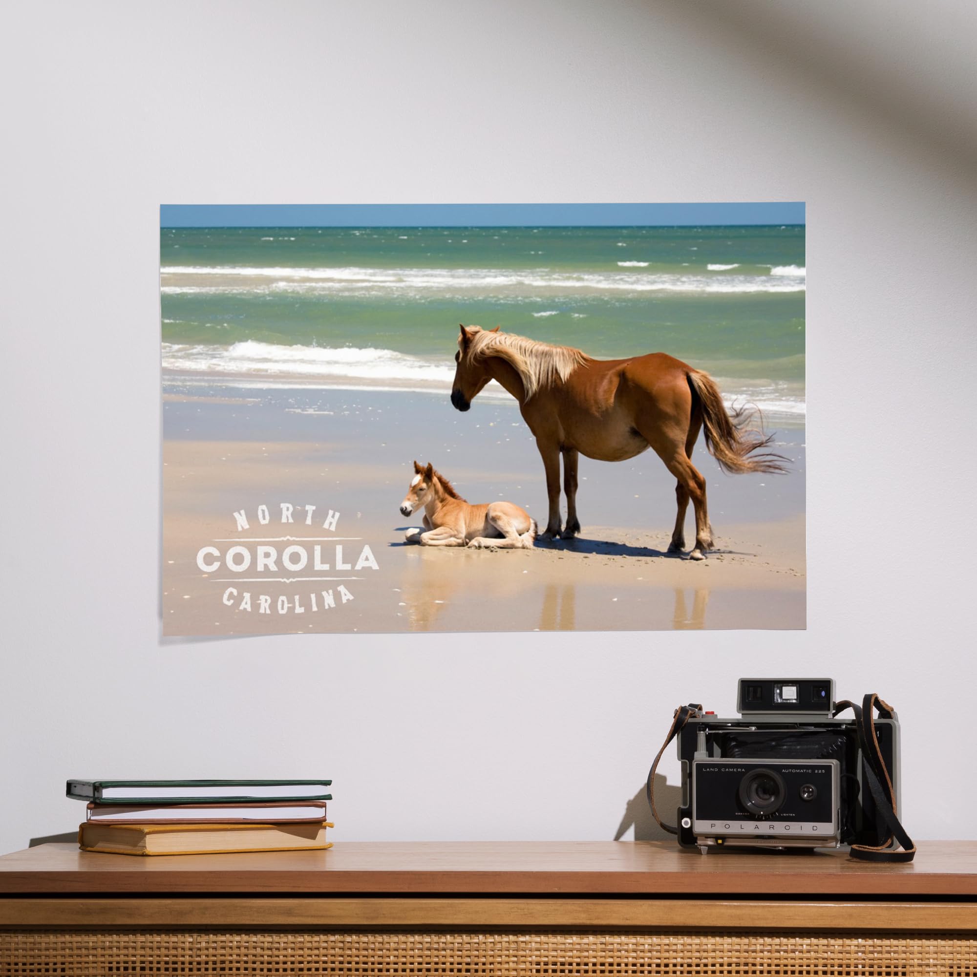 Lantern Press 16x24 Inch Giclee Art Print - Corolla NC Beach Scene with Wild Banker Ponies & Foal - Coastal Wall Decor for Living Room, Bedroom or Office