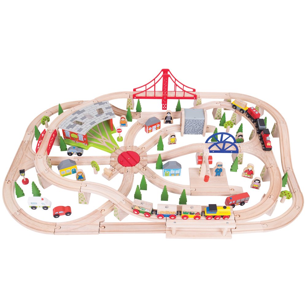 Bigjigs Rail 130-Piece Wooden Freight Train Set for Kids with Storage Box, Working Turntable, 2 Train Engines & Accessories | Perfect for Playrooms, Birthday Gifts & Early Childhood Development