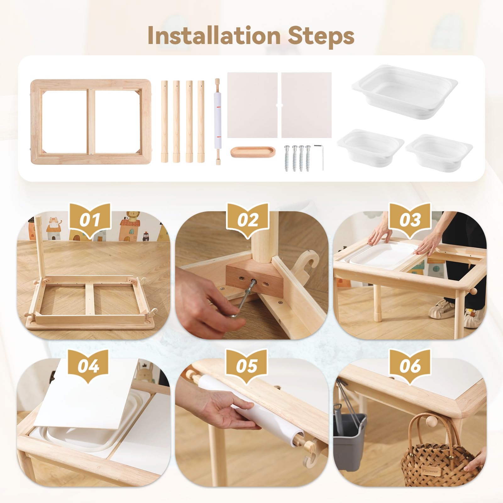 IEATFO Rubber Wood Montessori Sensory Table for Kids - Foldable Storage Bins, Adjustable Height, Reinforced Frame - Multifunctional Activity Table for Sensory Play & Learning - Perfect for Preschool, Daycare & Home Playroom