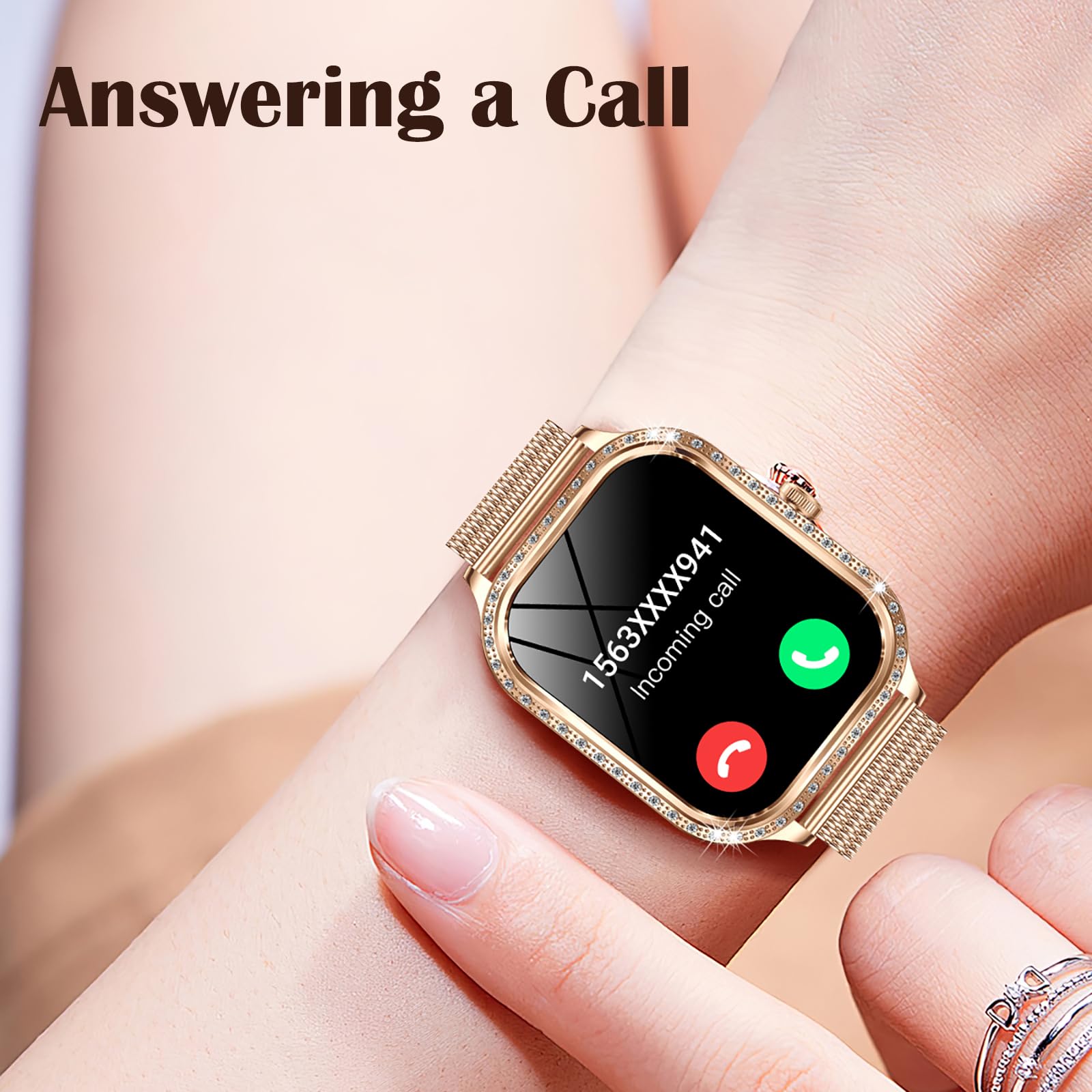 Luxury Diamond Smart Watch for Women - Gold Designer Fitness Tracker with Call Function, Heart Rate & Sleep Monitor, IP68 Waterproof - Perfect for Workouts, Office & Everyday Wear