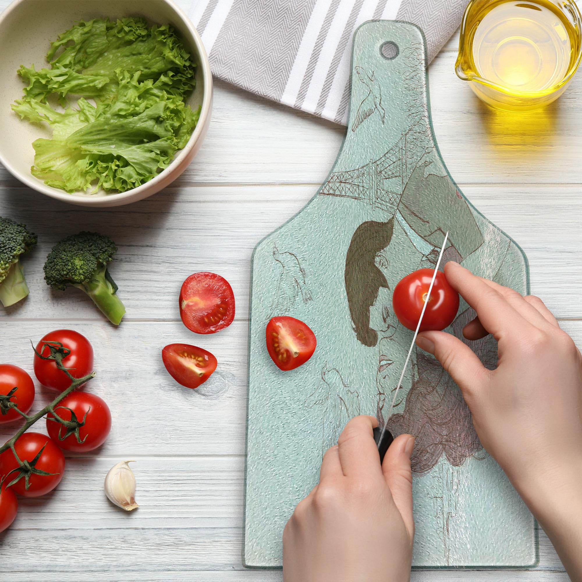 Ambesonne Romantic Wine Bottle Shaped Glass Cutting Board - Paris Love Scene with Eiffel Tower & Flying Doves - Tempered Glass Serving Board for Kitchen & Dining - Perfect for Valentine's Gifts, Anniversary Presents & Romantic Dinners