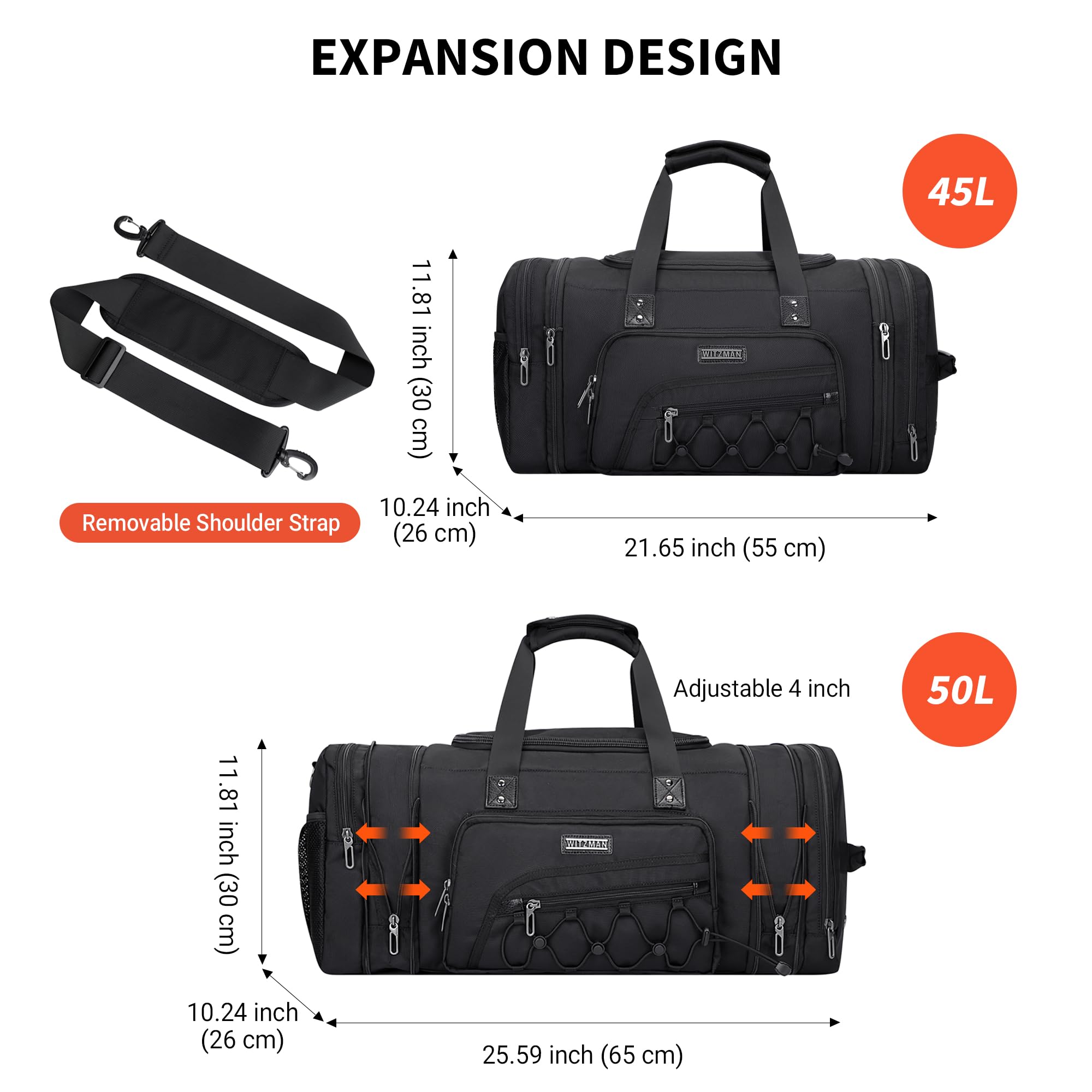WITZMAN Men's Large Nylon Duffle Bag - Expandable Gym Weekender with Shoe Compartment, Carry On Overnight Bag (B695 Black) - Perfect for Travel, Workout & Weekend Getaways