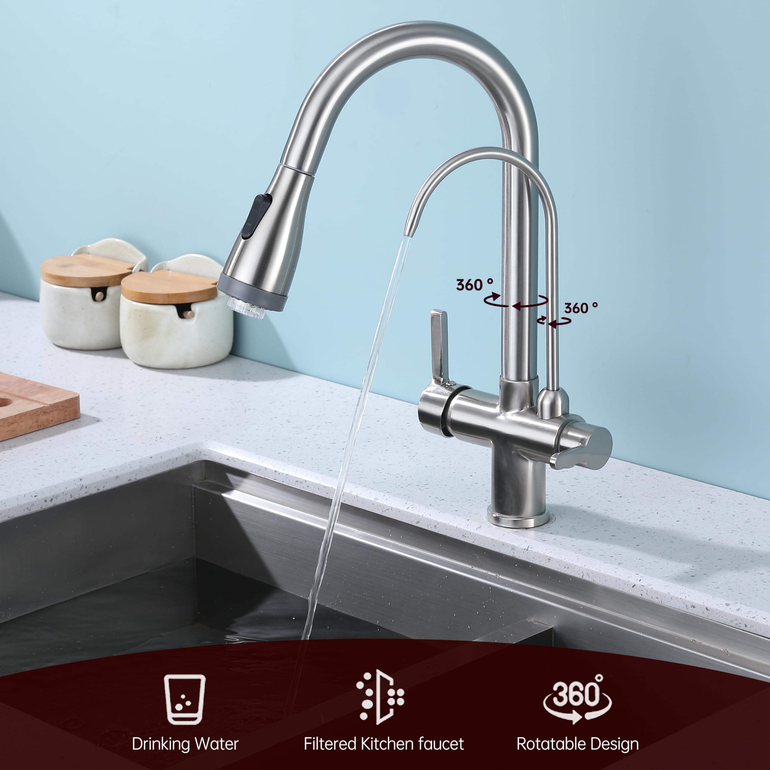 Brushed Nickel 3-in-1 Kitchen Sink Faucet with Pull Down LED Light Sprayer & Water Filter Purifier - Dual Handle Design for Farmhouse, Laundry, Camper, RV & Bar Use