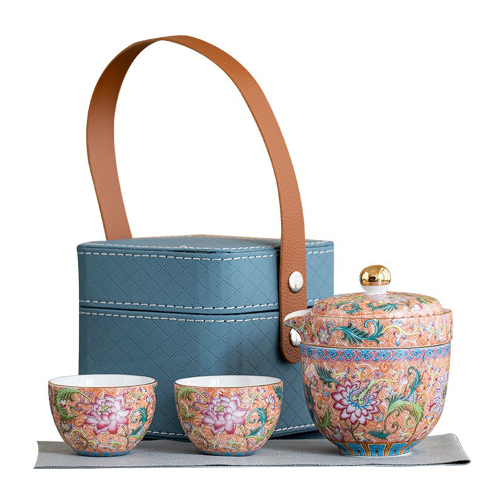 Premium Enamel Travel Tea Set with Leather Carrying Case - Portable Tea Accessories for Camping, Office & Outdoor Adventures