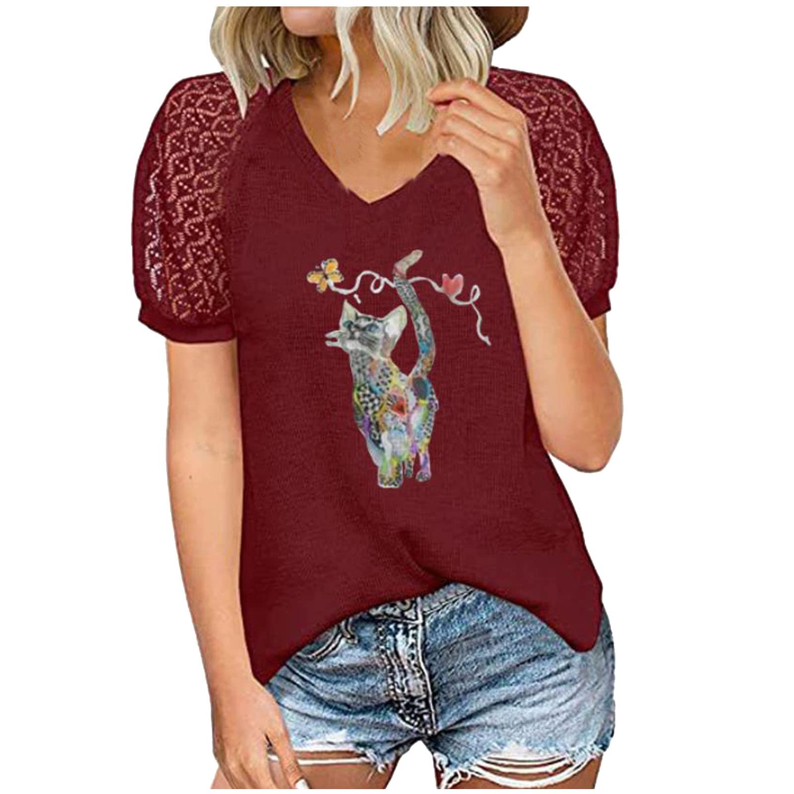 Colorful Animal Print Women's Hollow Short Sleeve V-Neck T-Shirt - Casual Summer Blouse Tee for Beach, Party & Everyday Wear