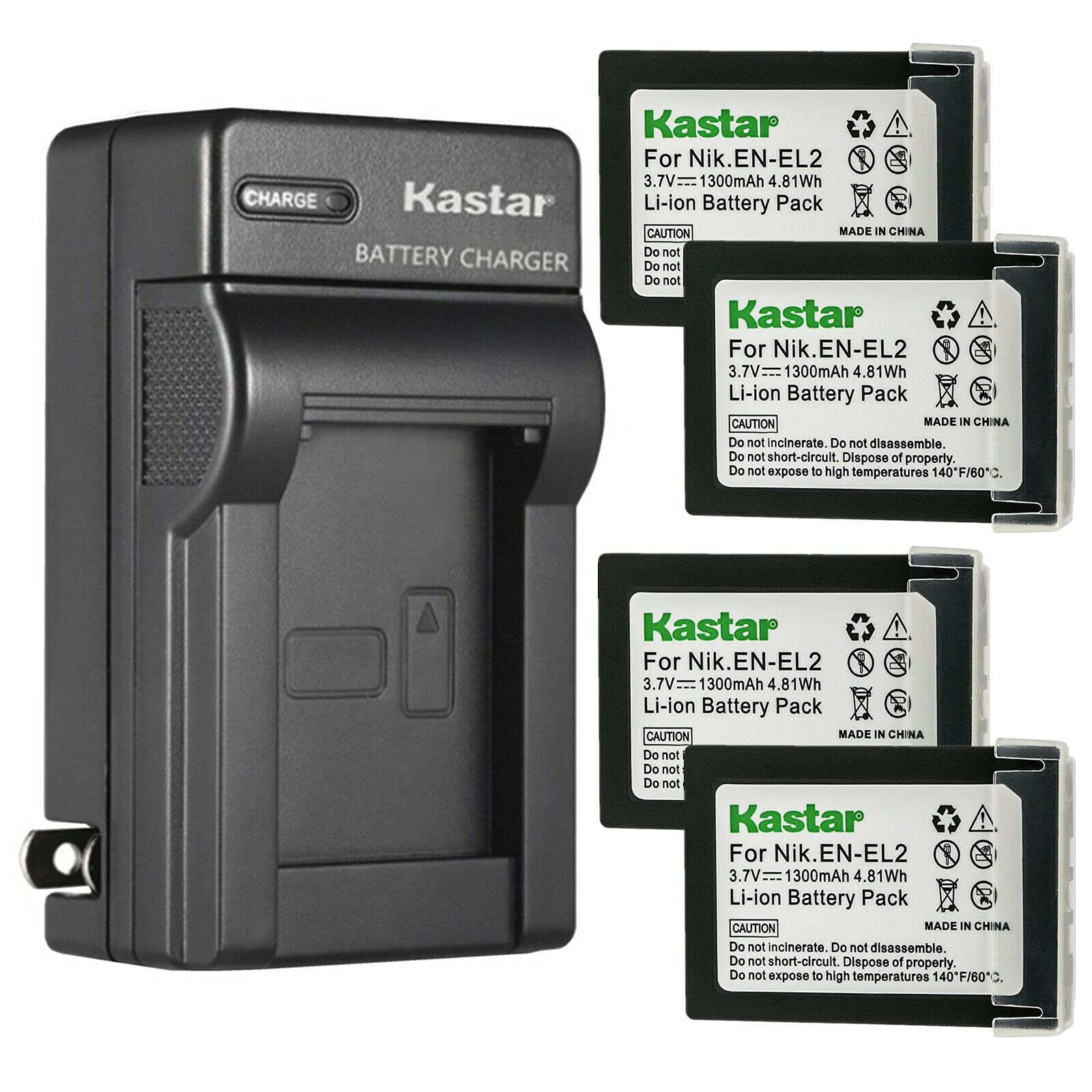 Kastar 4-Pack EN-EL2 Battery & MH-60 AC Wall Charger Replacement Kit for Nikon Coolpix 2500/3500/SQ500 Digital Cameras - Perfect for Travel, Photography & Backup Power