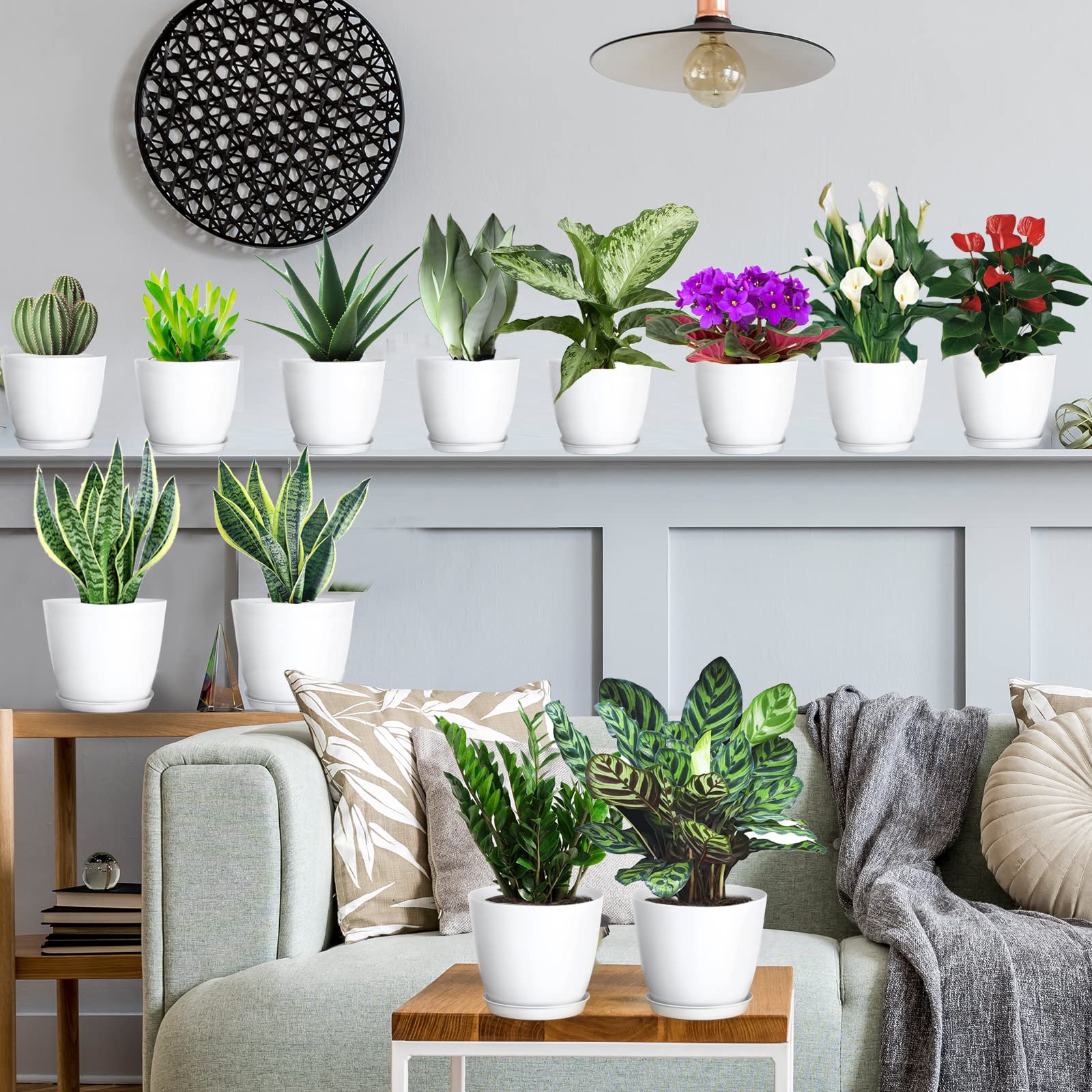 12 Pack 6 Inch White Plastic Plant Pots with Drainage Holes & Saucers - Modern Indoor Outdoor Flower Planters for Home Garden, Office Decor, Balcony & Patio Plants