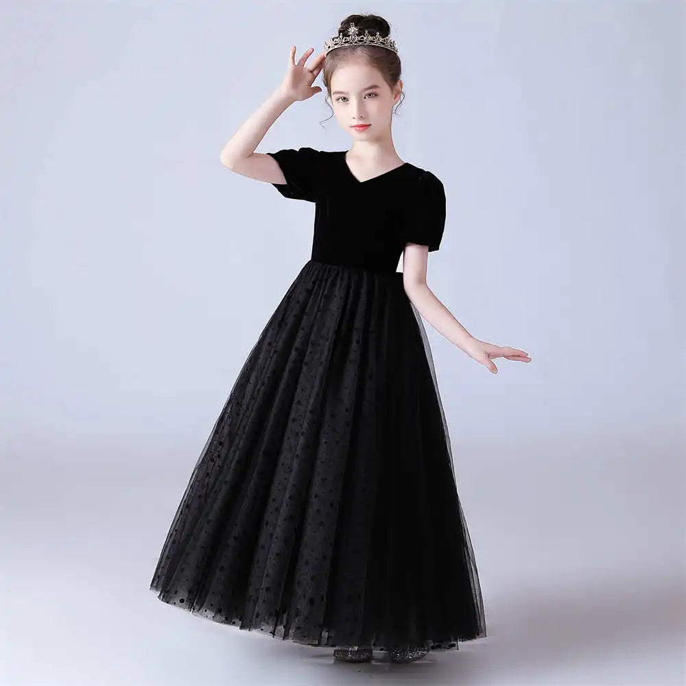Polka Dot Tulle Puff Sleeve Black Girls Party Dress - Elegant & Playful Outfit for Birthday, Wedding & Special Occasions